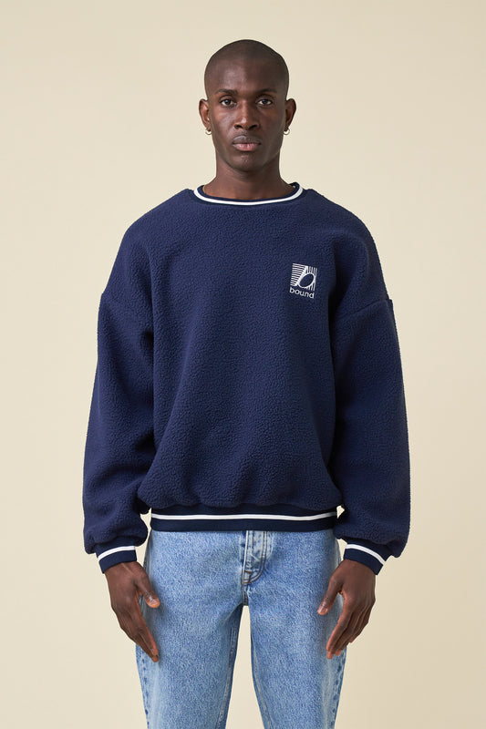 REVERSE FLEECE GRID SWEATER  - NAVY