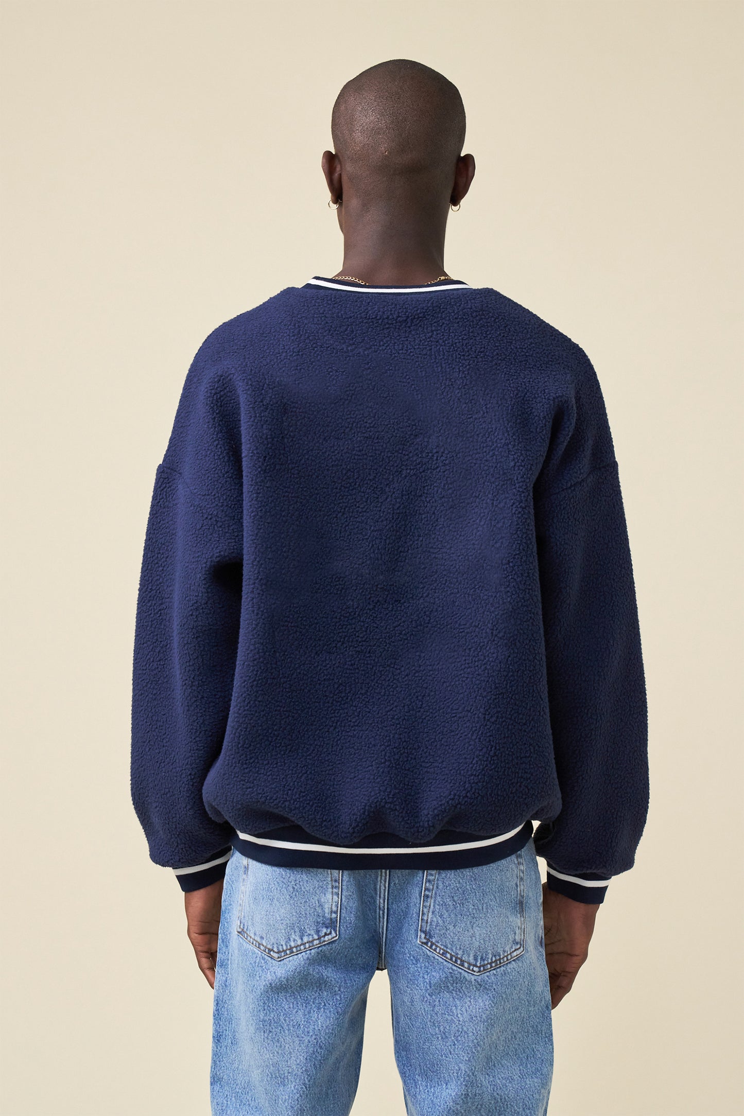 REVERSE FLEECE GRID SWEATER  - NAVY