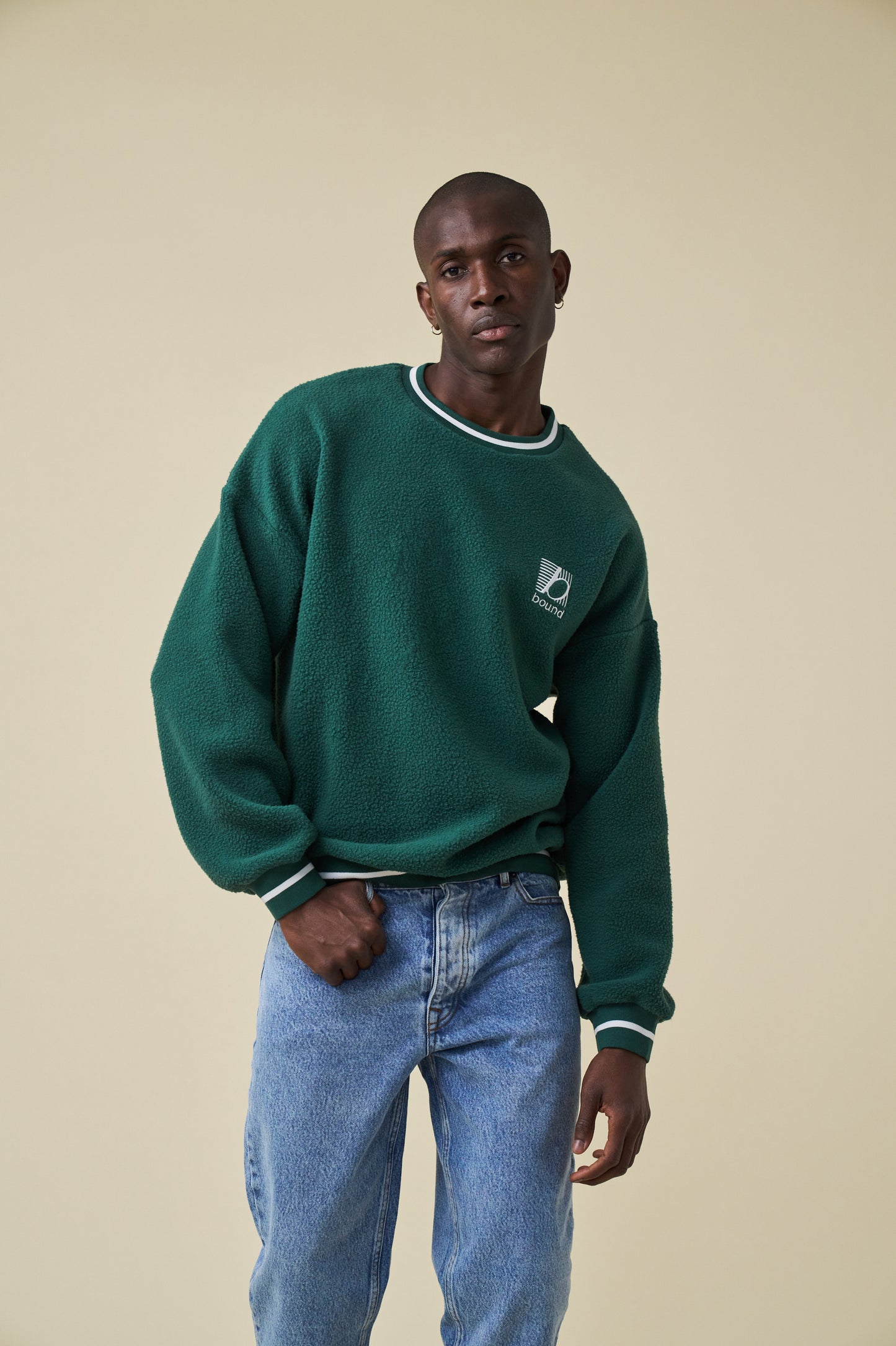 REVERSE FLEECE GRID SWEATER  - BOTTLE GREEN