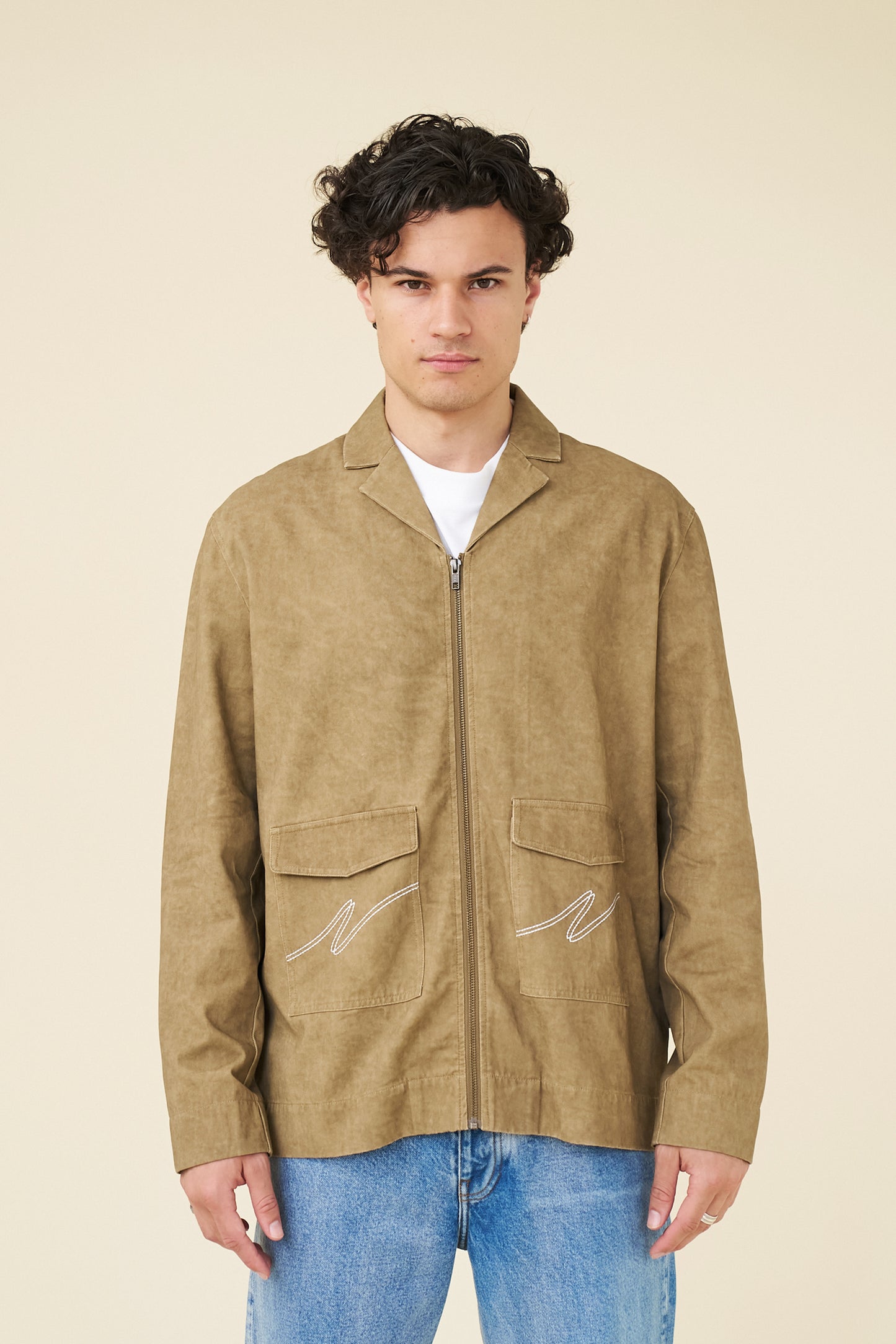 ACID WASH WORKWEAR ZIP UP - BROWN