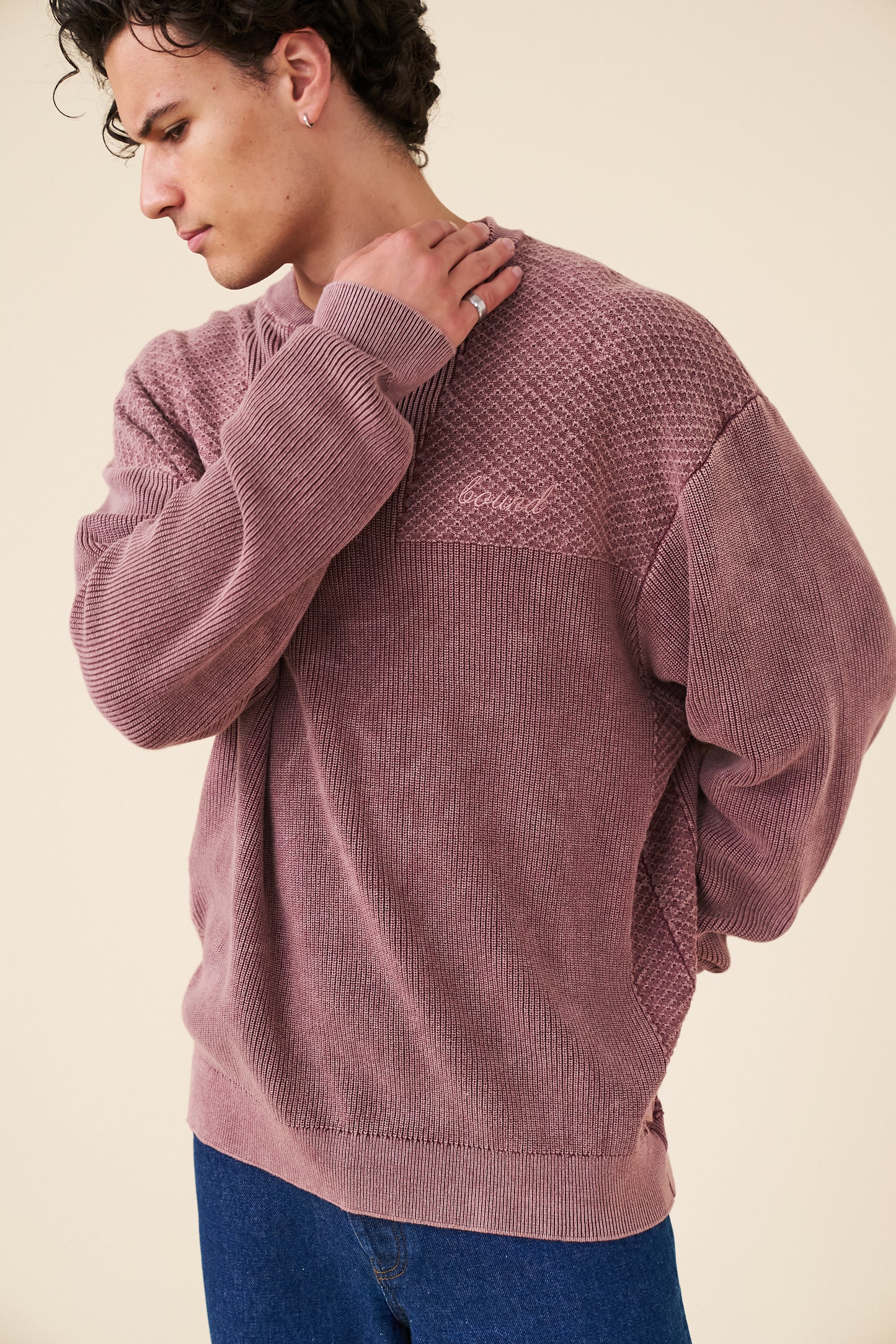 HALF BUTTON PANEL ACID WASHED PULLOVER - CARDINAL