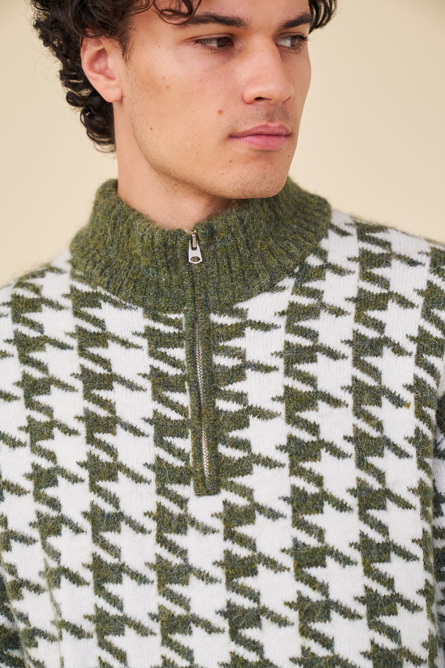 DOGTOOTH ALPACA 1/4 ZIP KNIT - MOSS