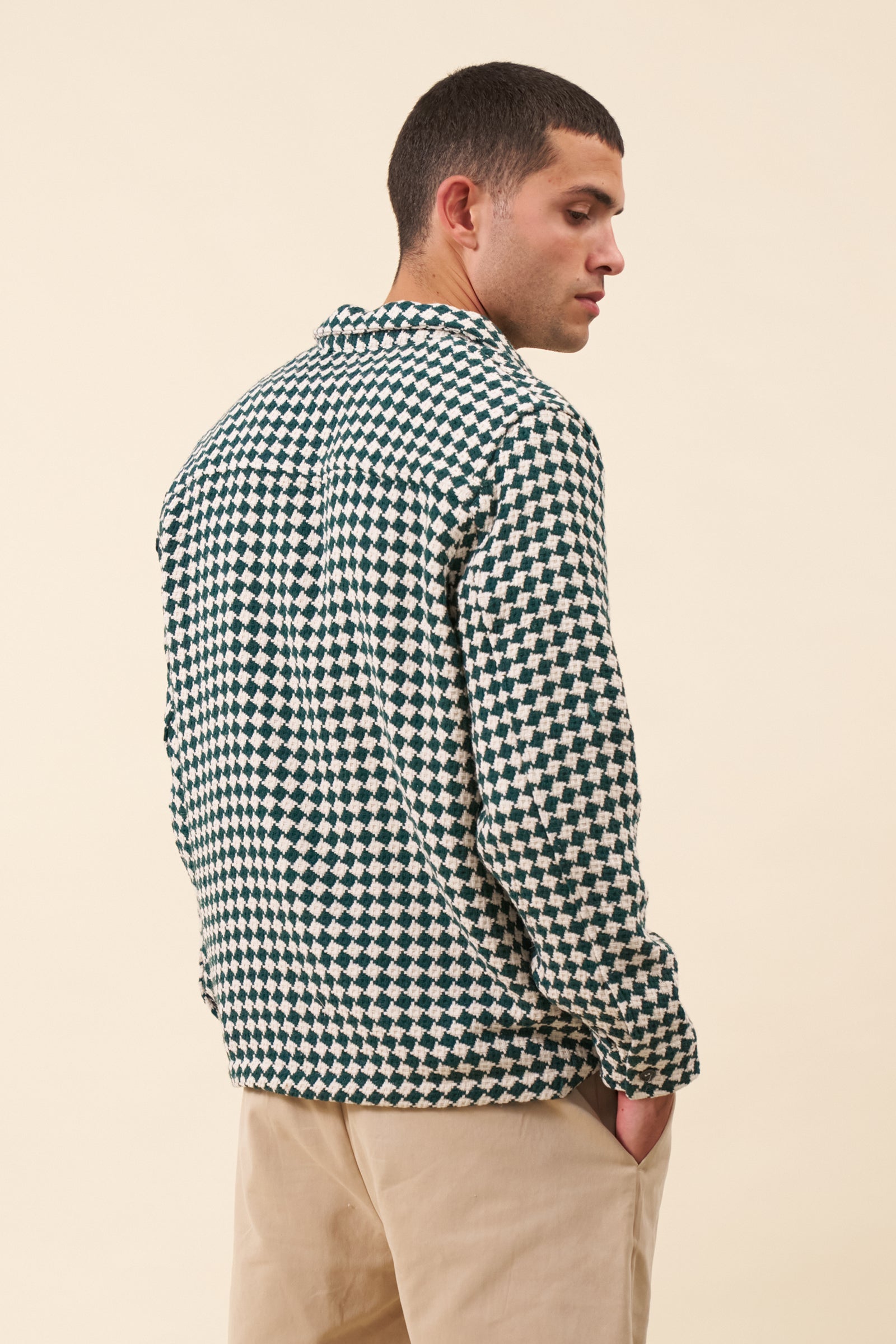 CHECKERED WOVEN OVERSHIRT - BOTTLE GREEN