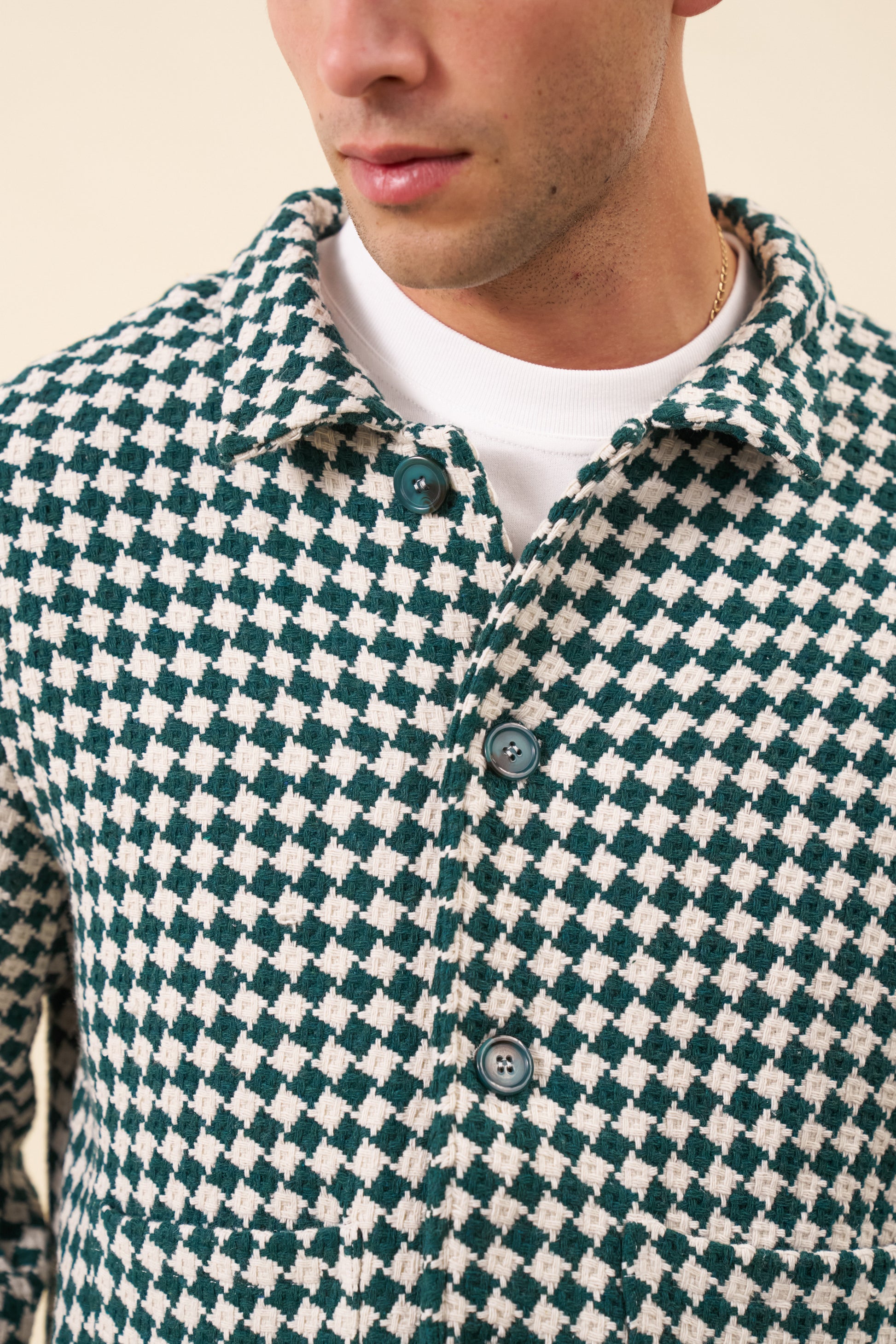 CHECKERED WOVEN OVERSHIRT - BOTTLE GREEN