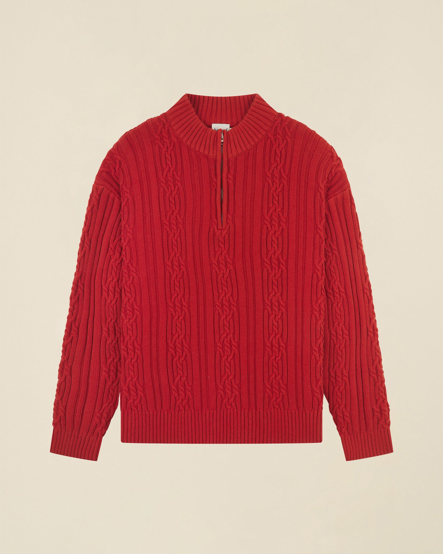 CABLE KNIT HALF ZIP PULLOVER - RUST RED