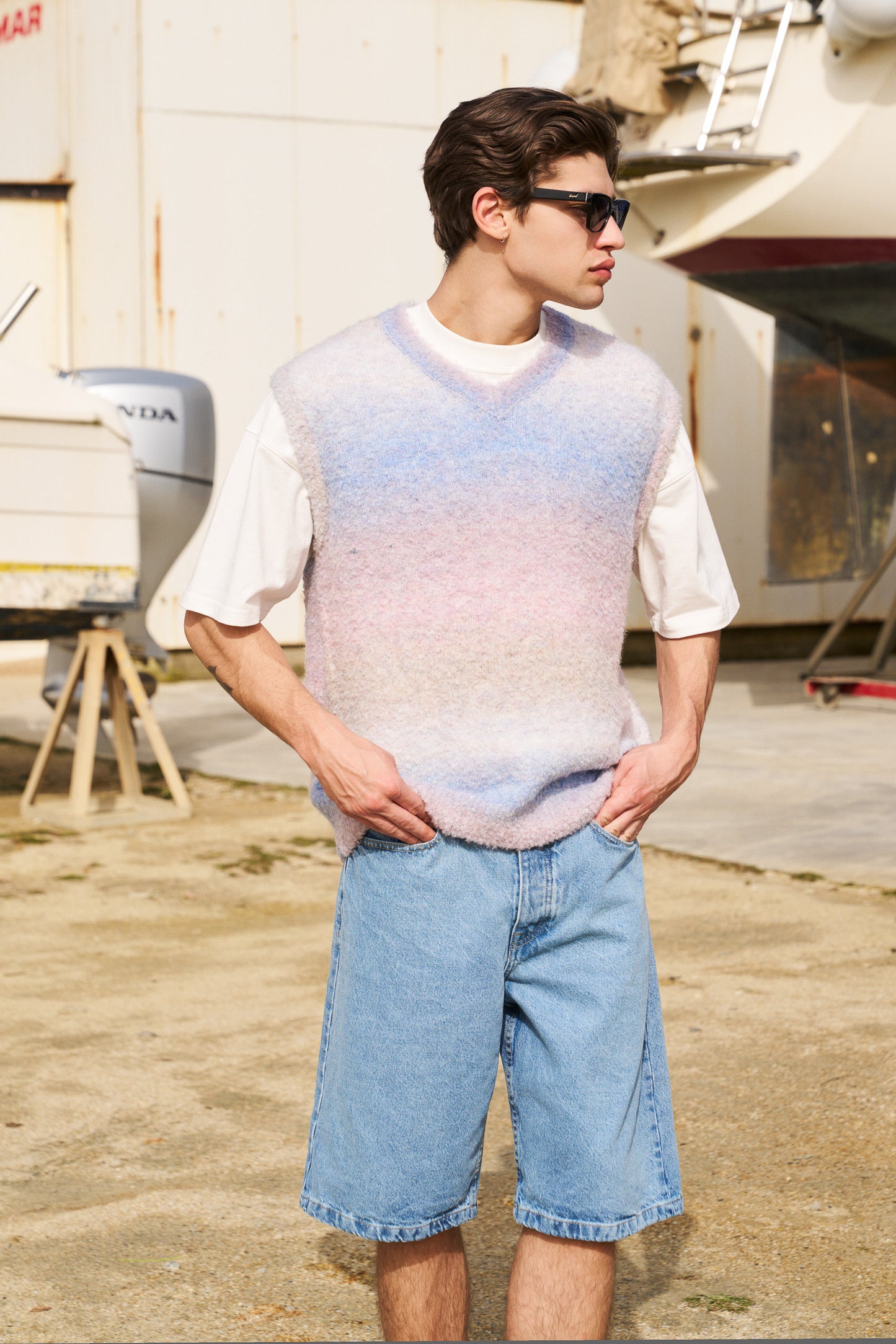 BOUCLE GRADIENT V-NECK KNIT VEST - CANDY