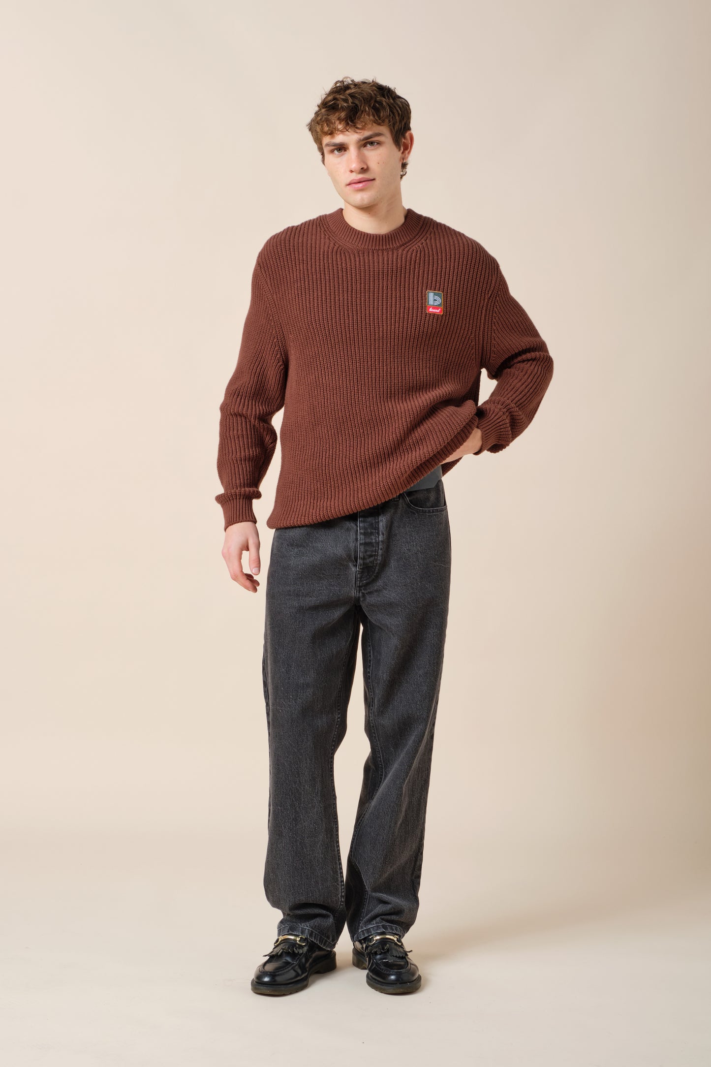 RETRO FISHERMAN RIB KNIT SWEATER - BROWN