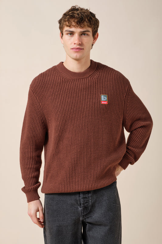 RETRO FISHERMAN RIB KNIT SWEATER - BROWN