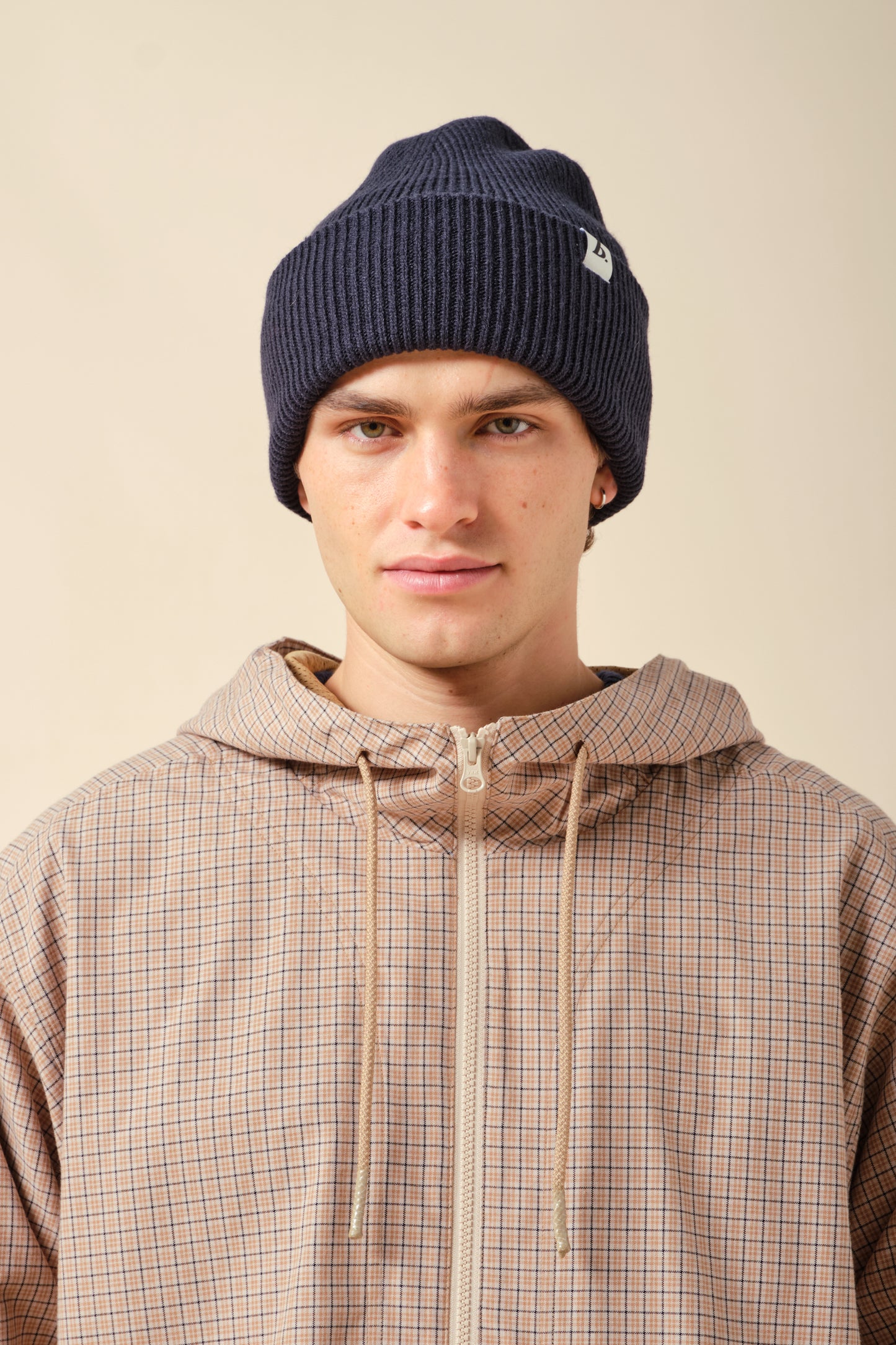 OVERSIZED RECYCLED CUFFED LABEL BEANIE - FRENCH NAVY