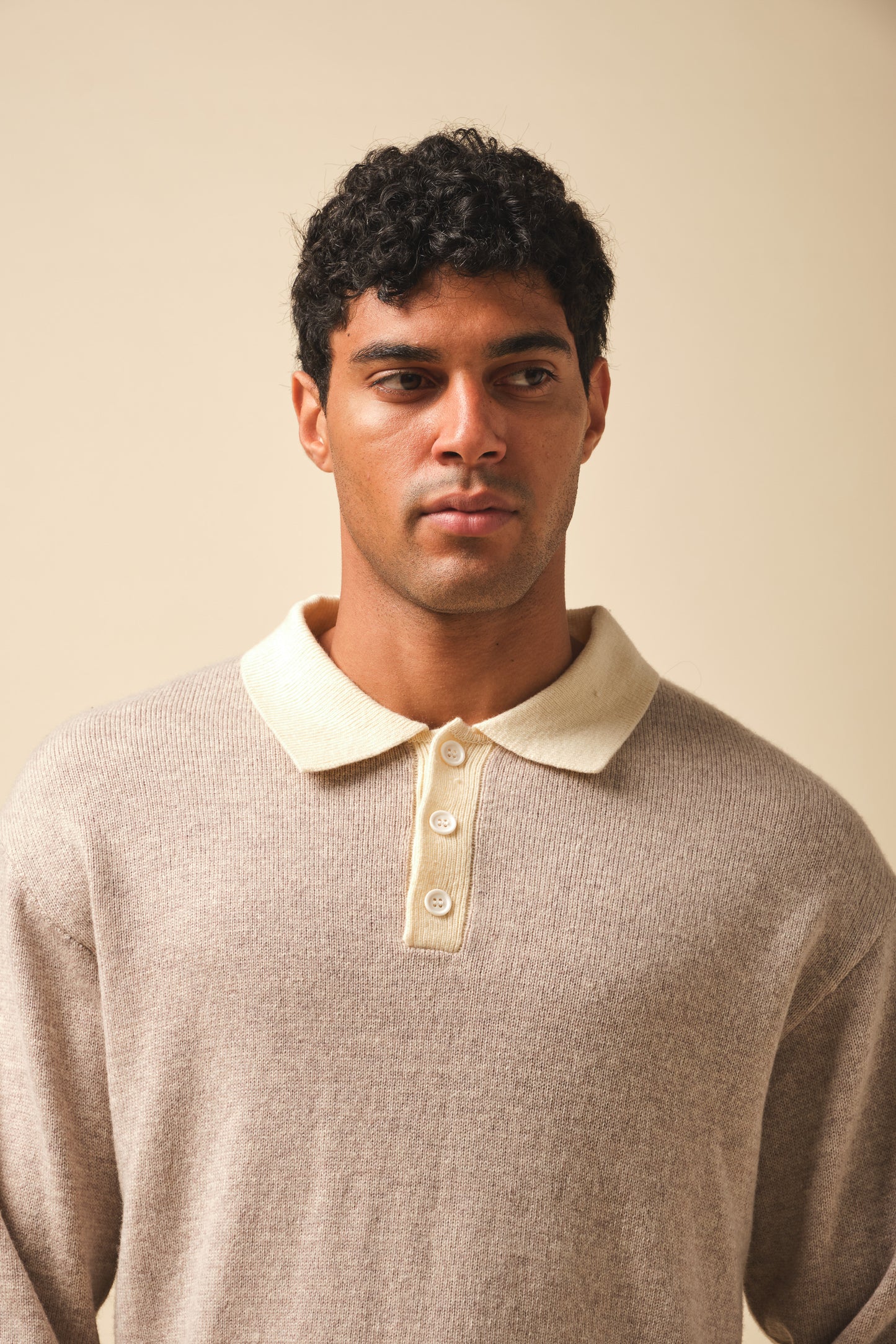 WOOL GRANDAD POLO - STONE