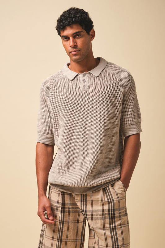 CROCHET KNIT POLO - STONE