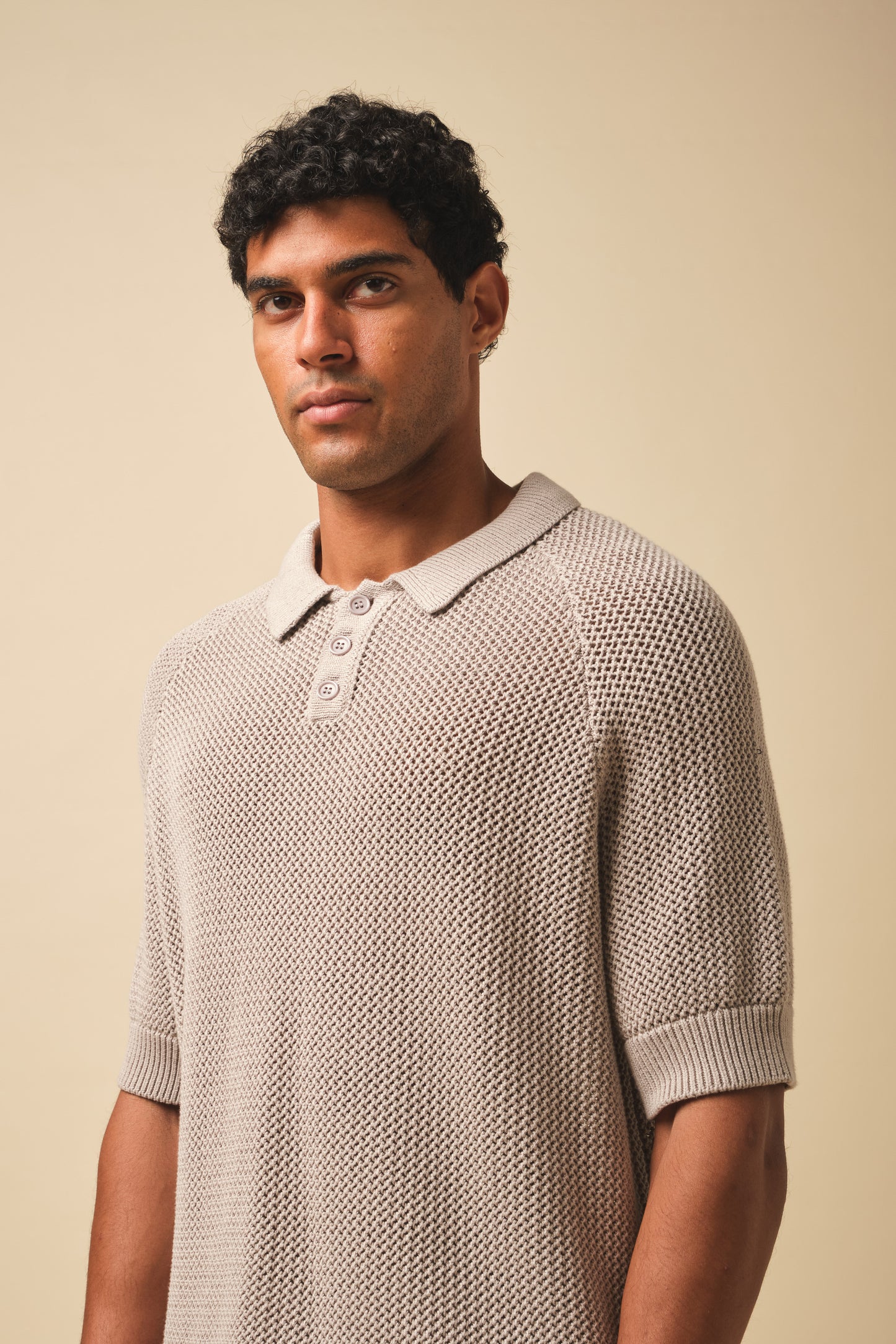 CROCHET KNIT POLO - STONE