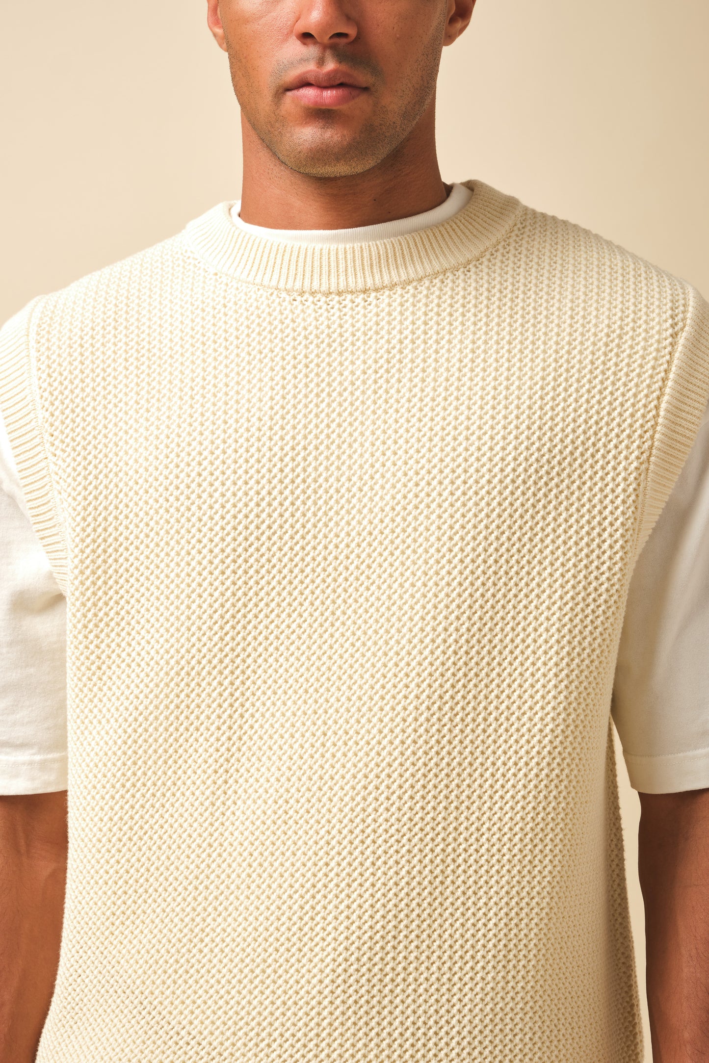 CROCHET KNIT VEST - ECRU