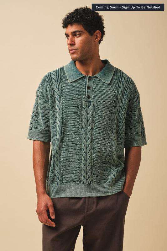 CABLE KNIT VINTAGE KNIT POLO - WASHED GREEN