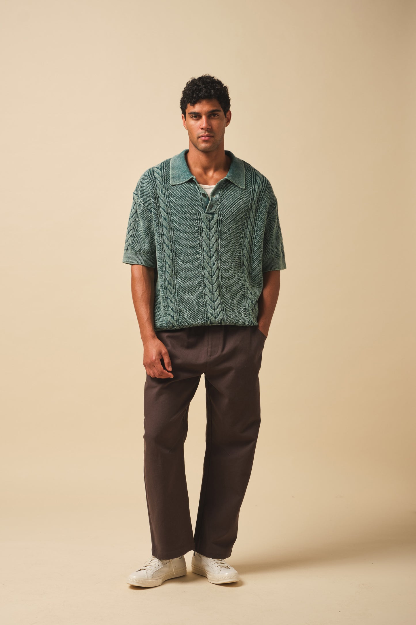 CABLE KNIT VINTAGE KNIT POLO - WASHED GREEN