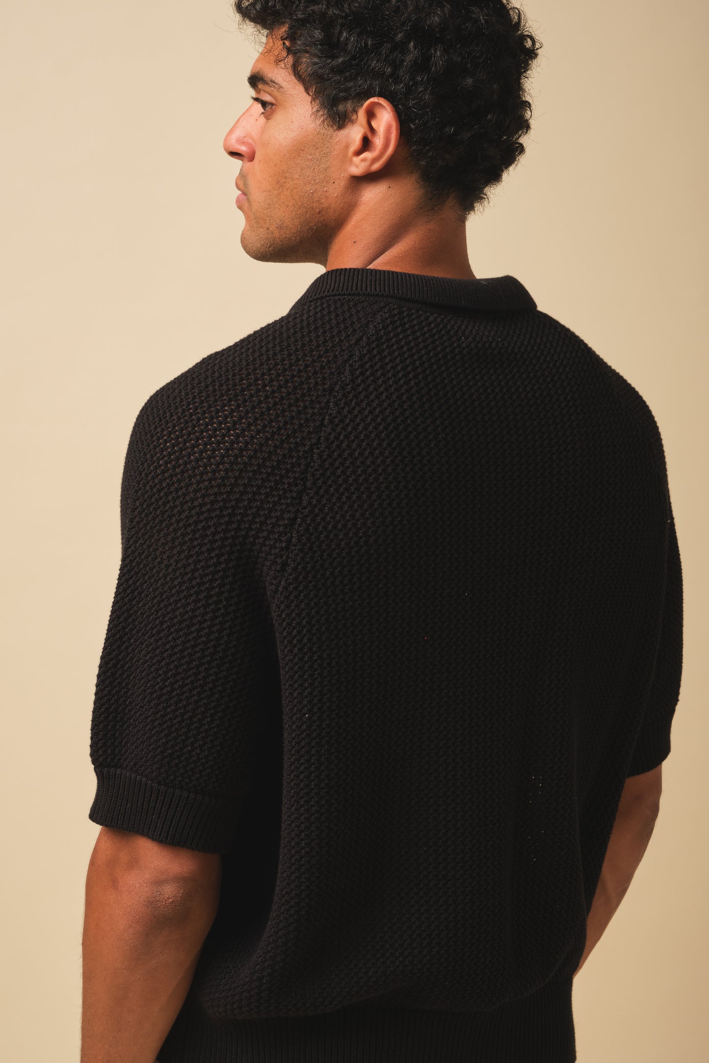CROCHET KNIT POLO - BLACK