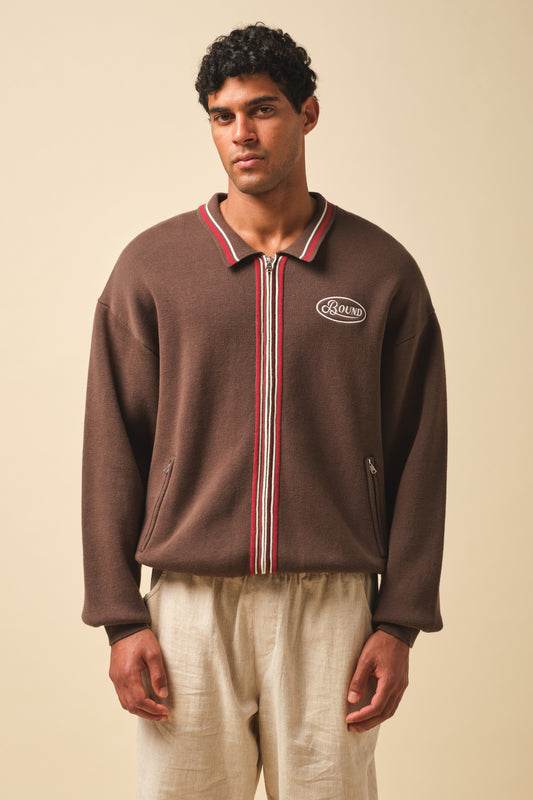 RETRO DISC KNIT FULL ZIP POLO - BROWN