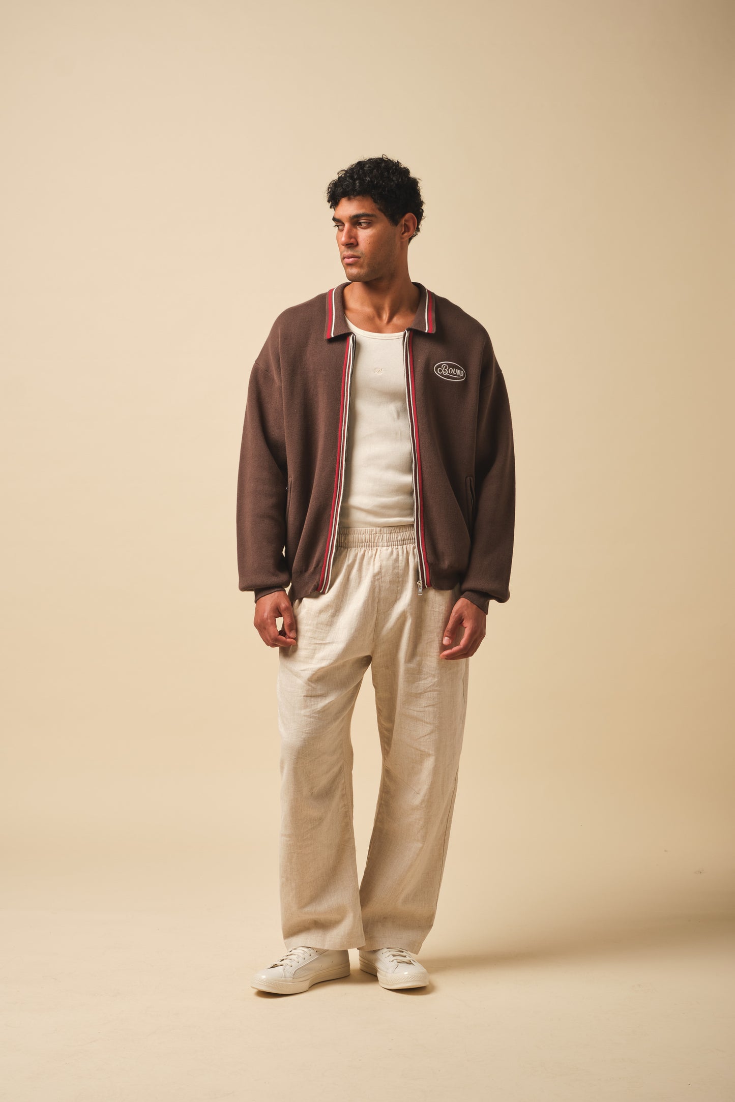 RETRO DISC KNIT FULL ZIP POLO - BROWN
