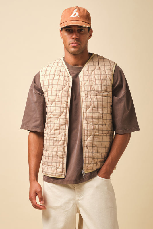 ROBBEN CHECK VINTAGE PADDED GILET - SAND