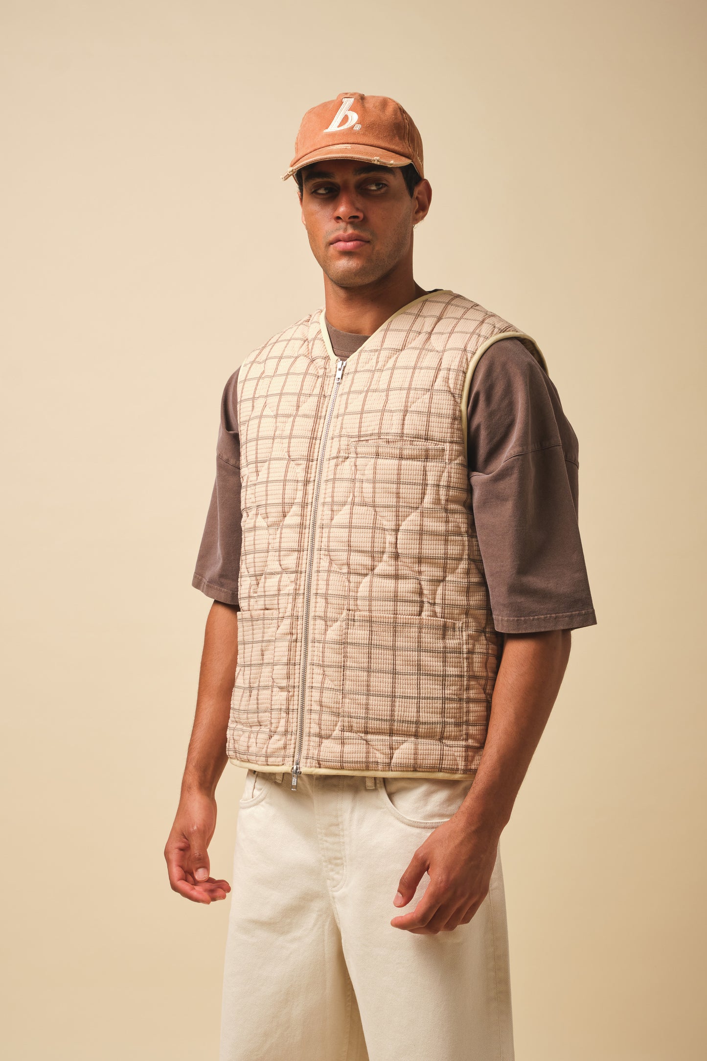 ROBBEN CHECK VINTAGE PADDED GILET - SAND