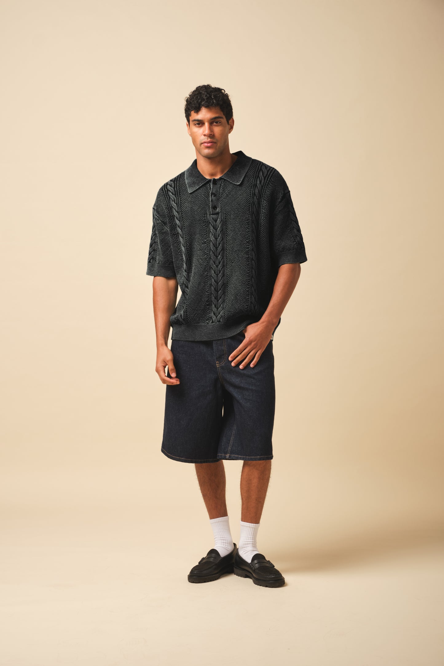 CABLE KNIT VINTAGE KNIT POLO - WASHED BLACK