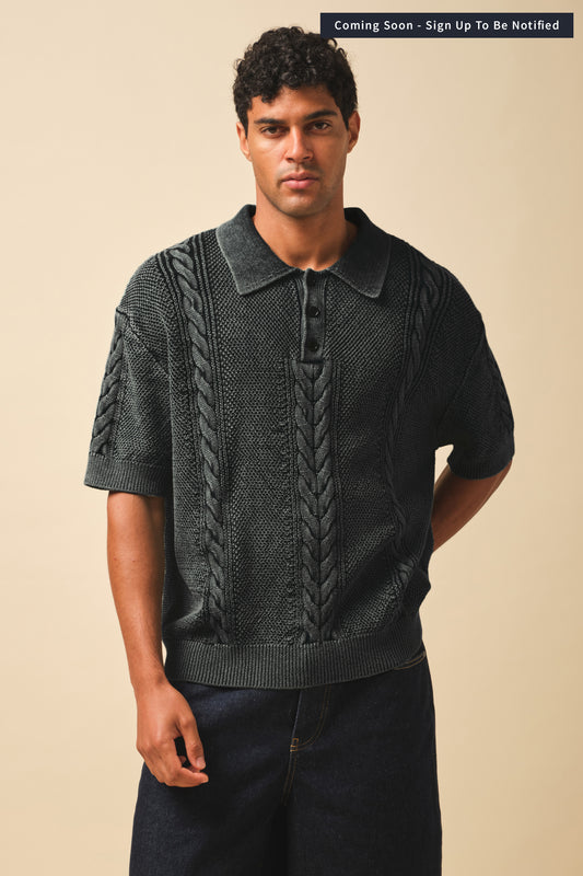 CABLE KNIT VINTAGE KNIT POLO - WASHED BLACK