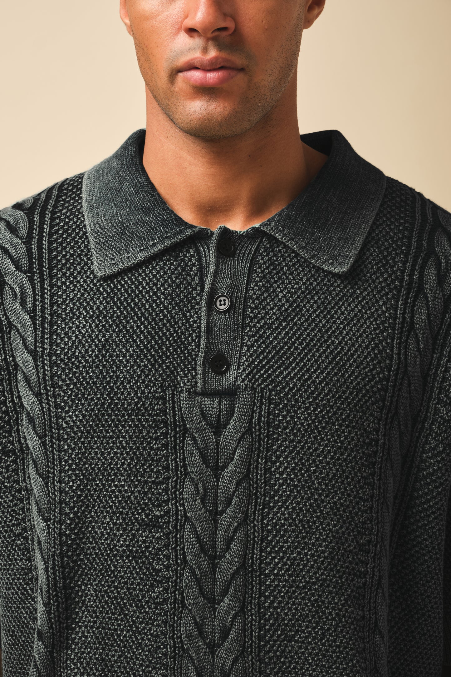 CABLE KNIT VINTAGE KNIT POLO - WASHED BLACK