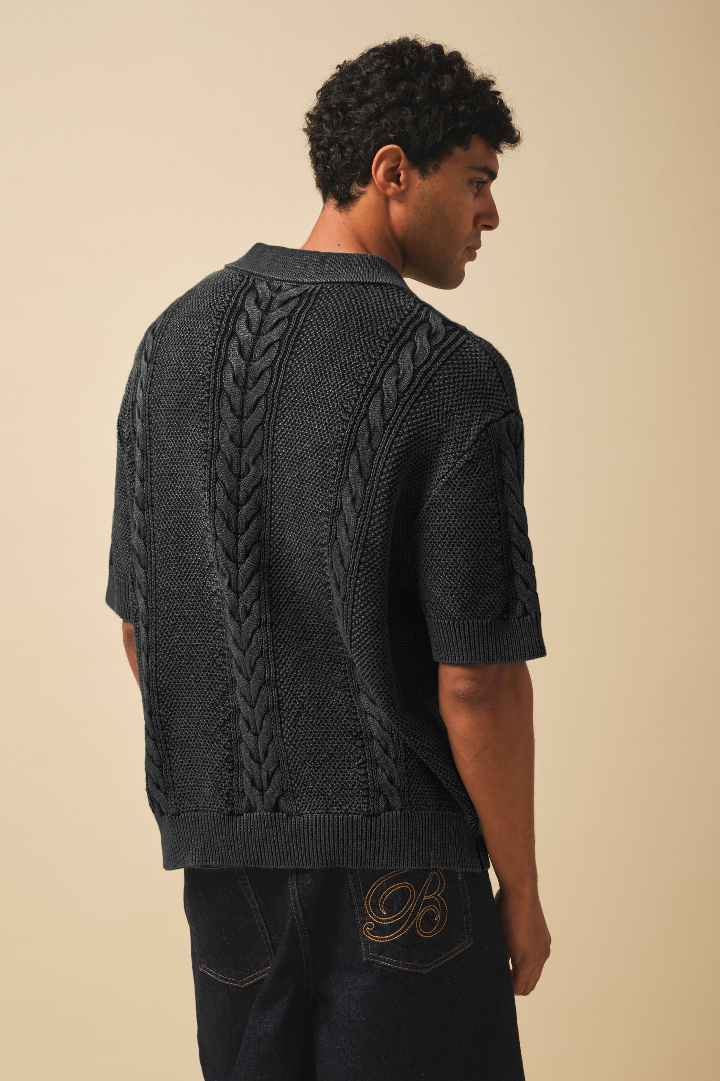 CABLE KNIT VINTAGE KNIT POLO - WASHED BLACK