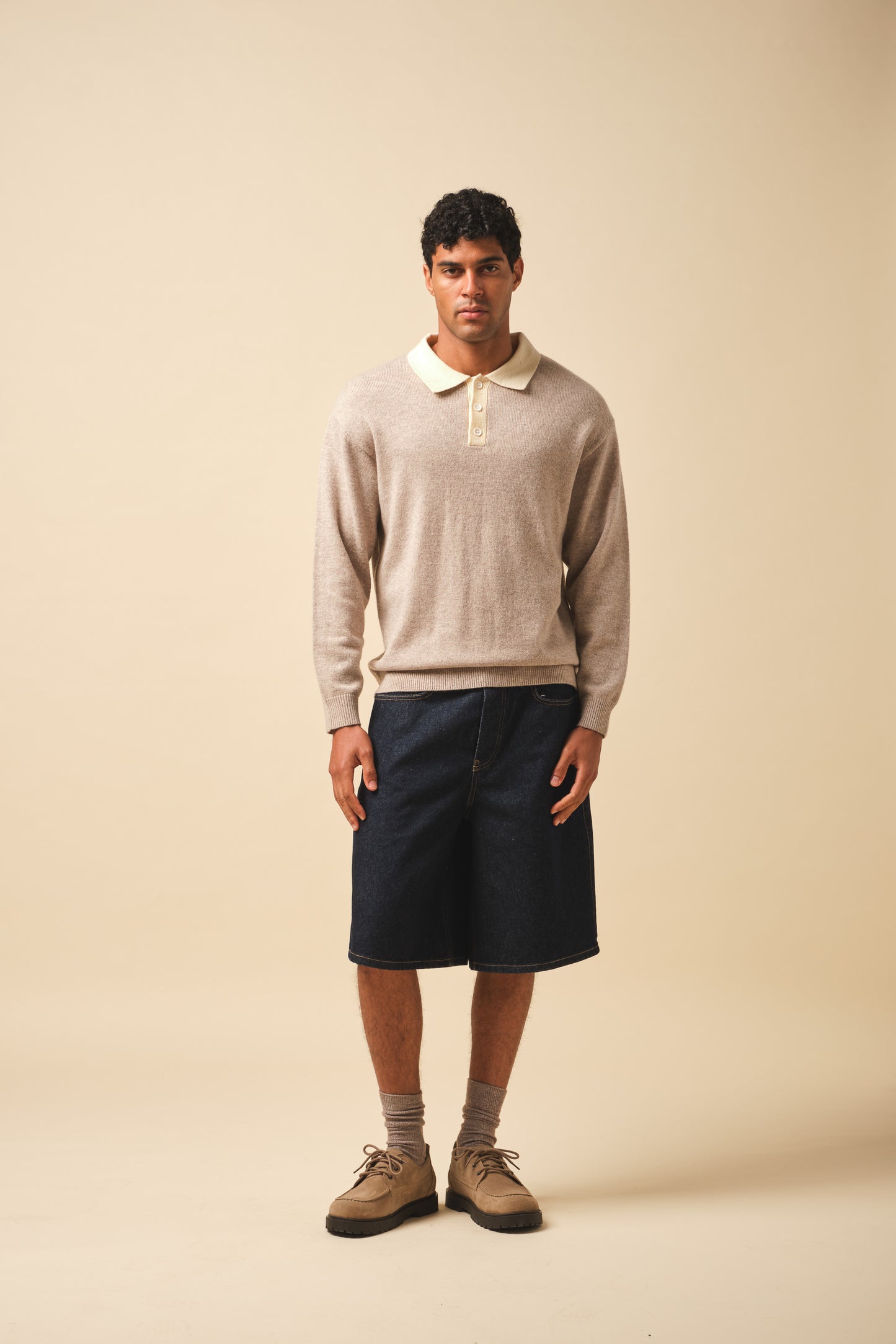 WOOL GRANDAD POLO - STONE