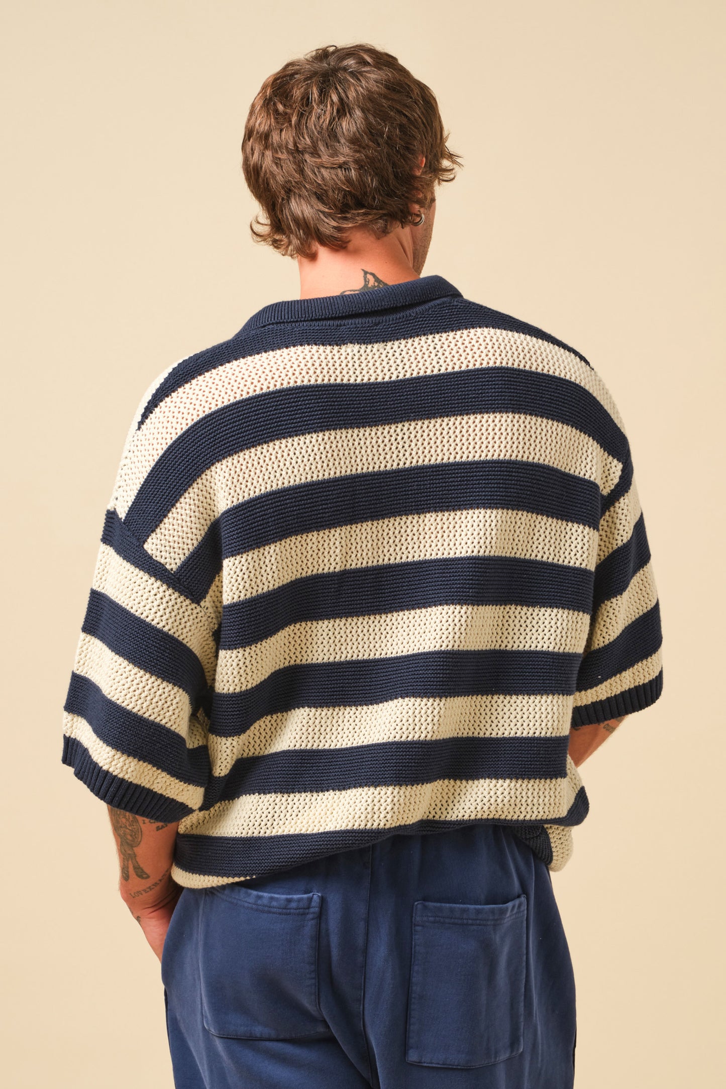 FREDDIE MARINE WAFFLE STRIPE KNIT POLO