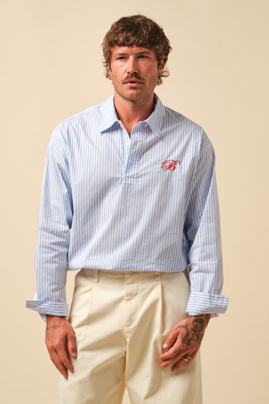 FREDDIE STRIPE OXFORD COTTON HALF BUTTON SHIRT - WHITE BLUE