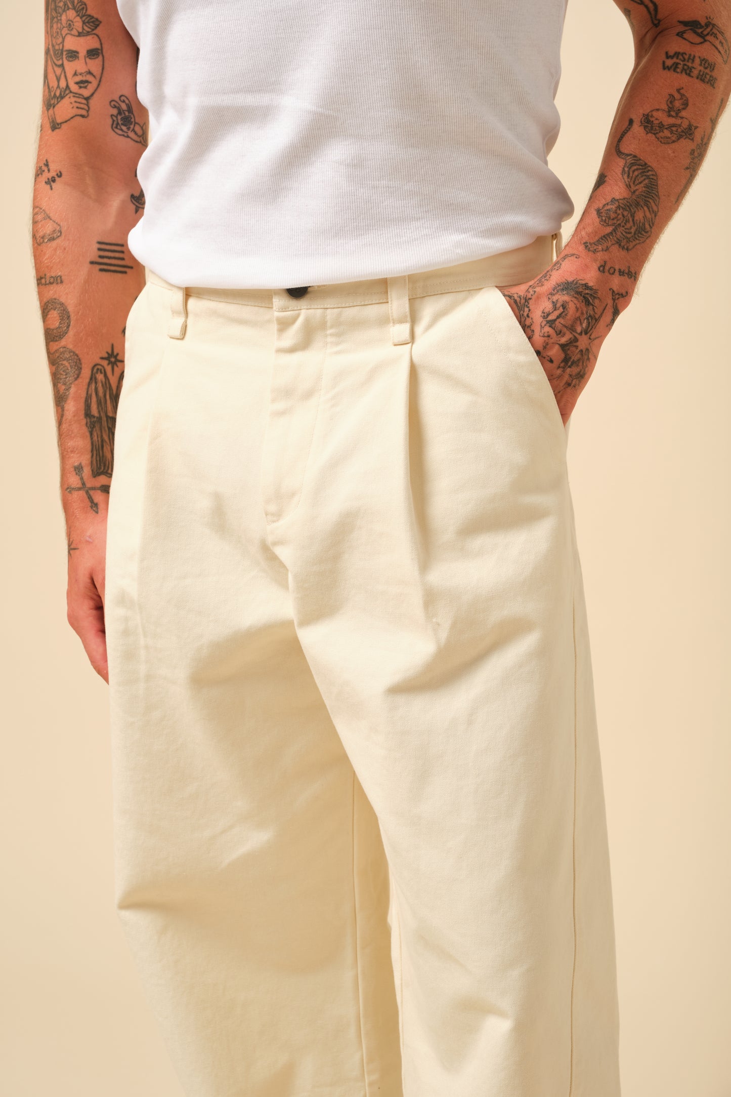 FREDDIE WIDE LEG PANELLED CANVAS TROUSER - ECRU