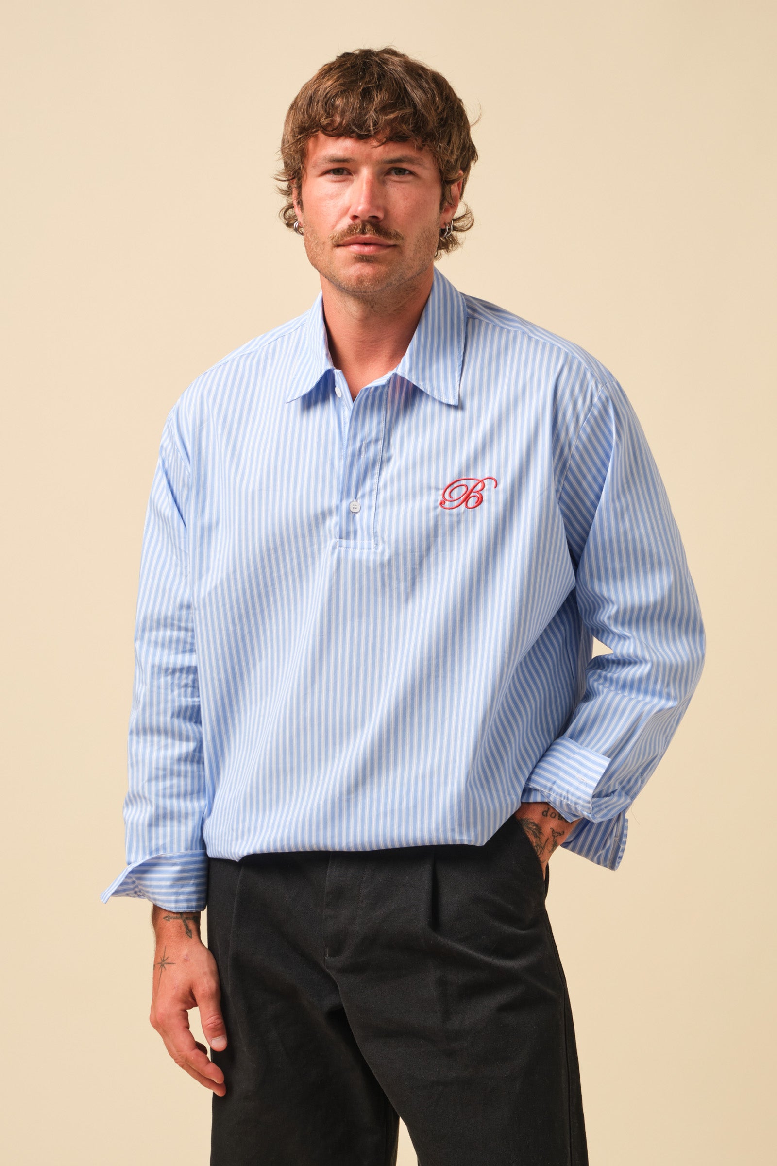 FREDDIE STRIPE OXFORD COTTON HALF BUTTON SHIRT - MID BLUE – bound