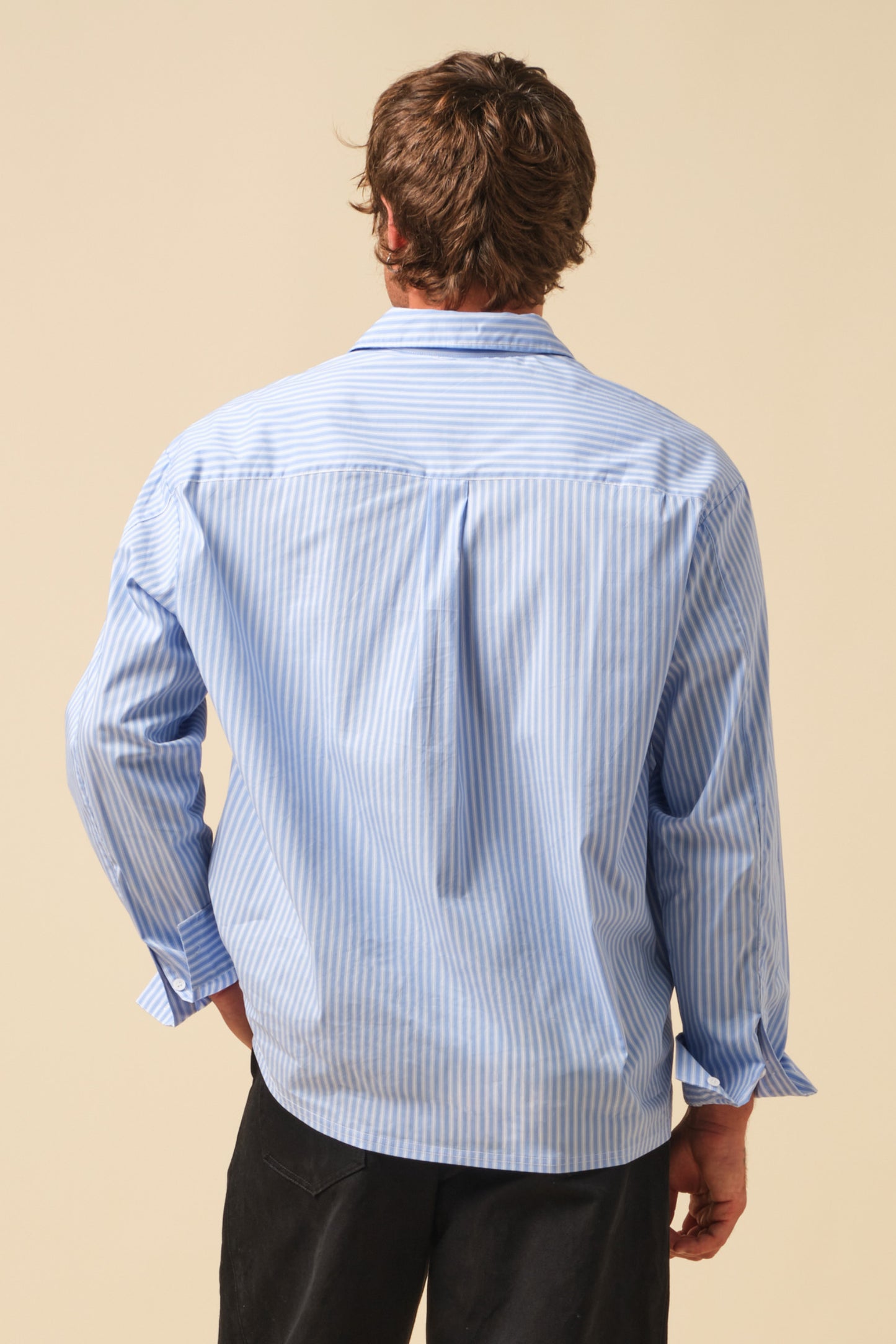 FREDDIE STRIPE OXFORD COTTON HALF BUTTON SHIRT - MID BLUE
