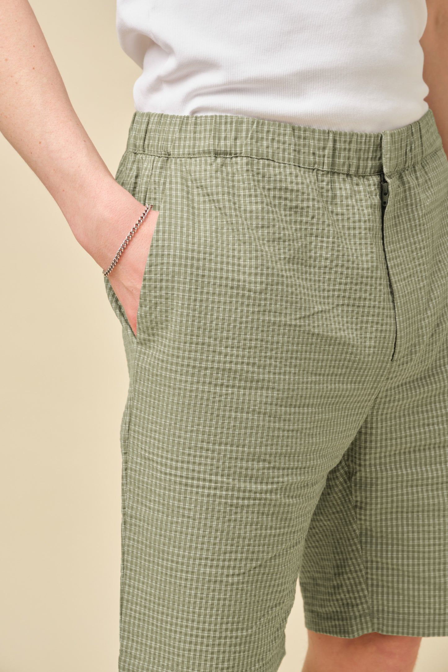 GINGHAM COTTON SHORTS - OLIVE