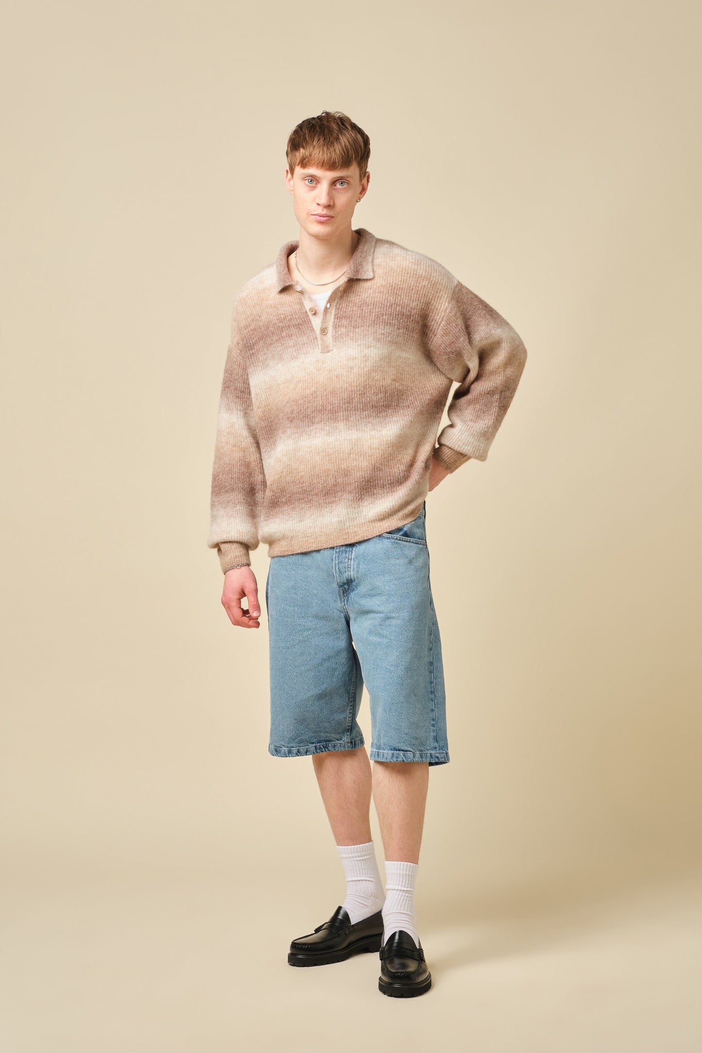 TOFFEE GRADIENT ALPACA KNIT LONGSLEEVE POLO