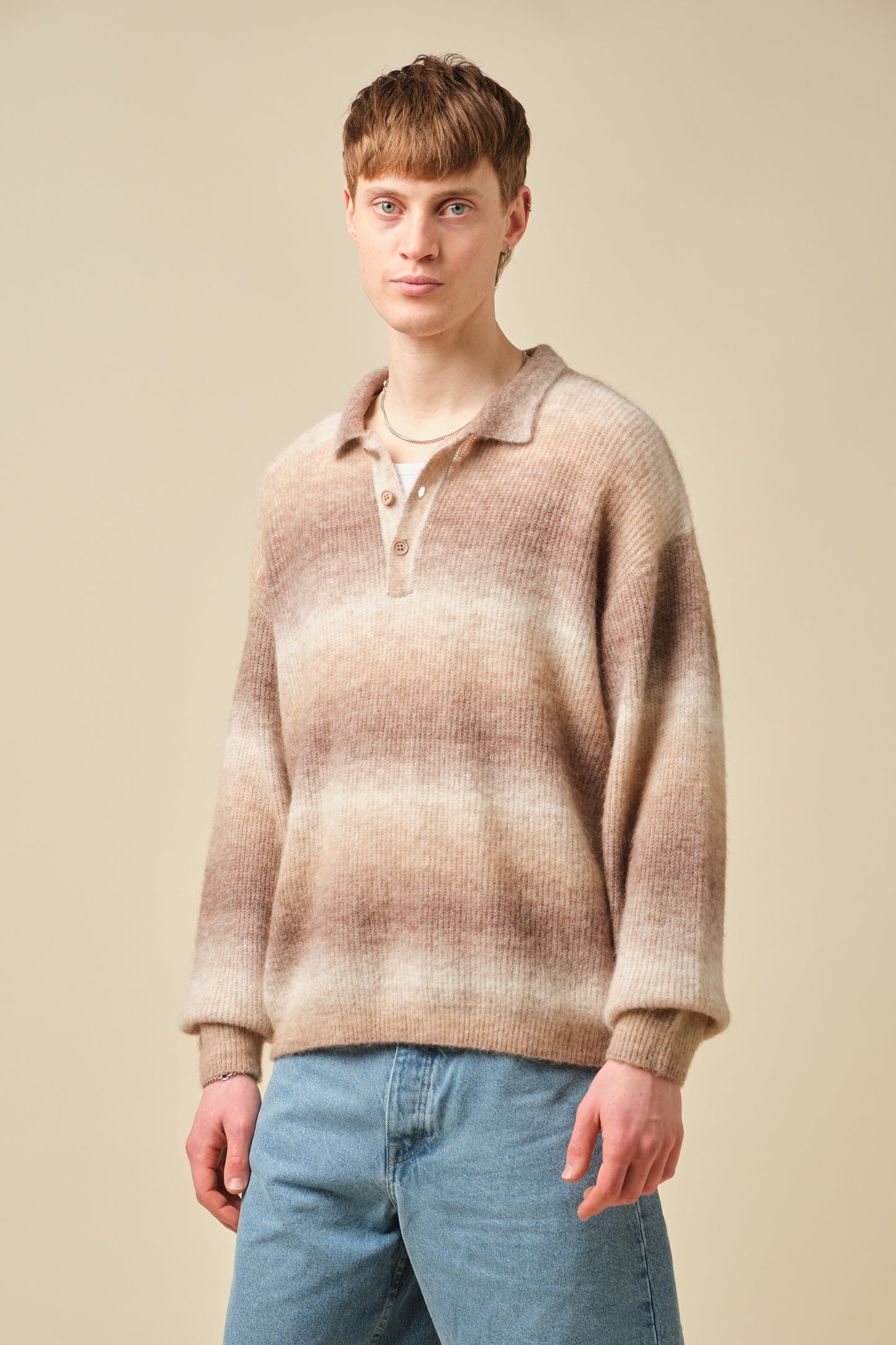 TOFFEE GRADIENT ALPACA KNIT LONGSLEEVE POLO