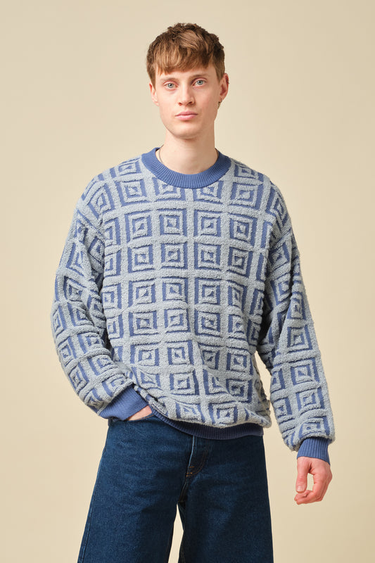 AZTEC TILE LOOSE KNIT SWEATER - BLUE
