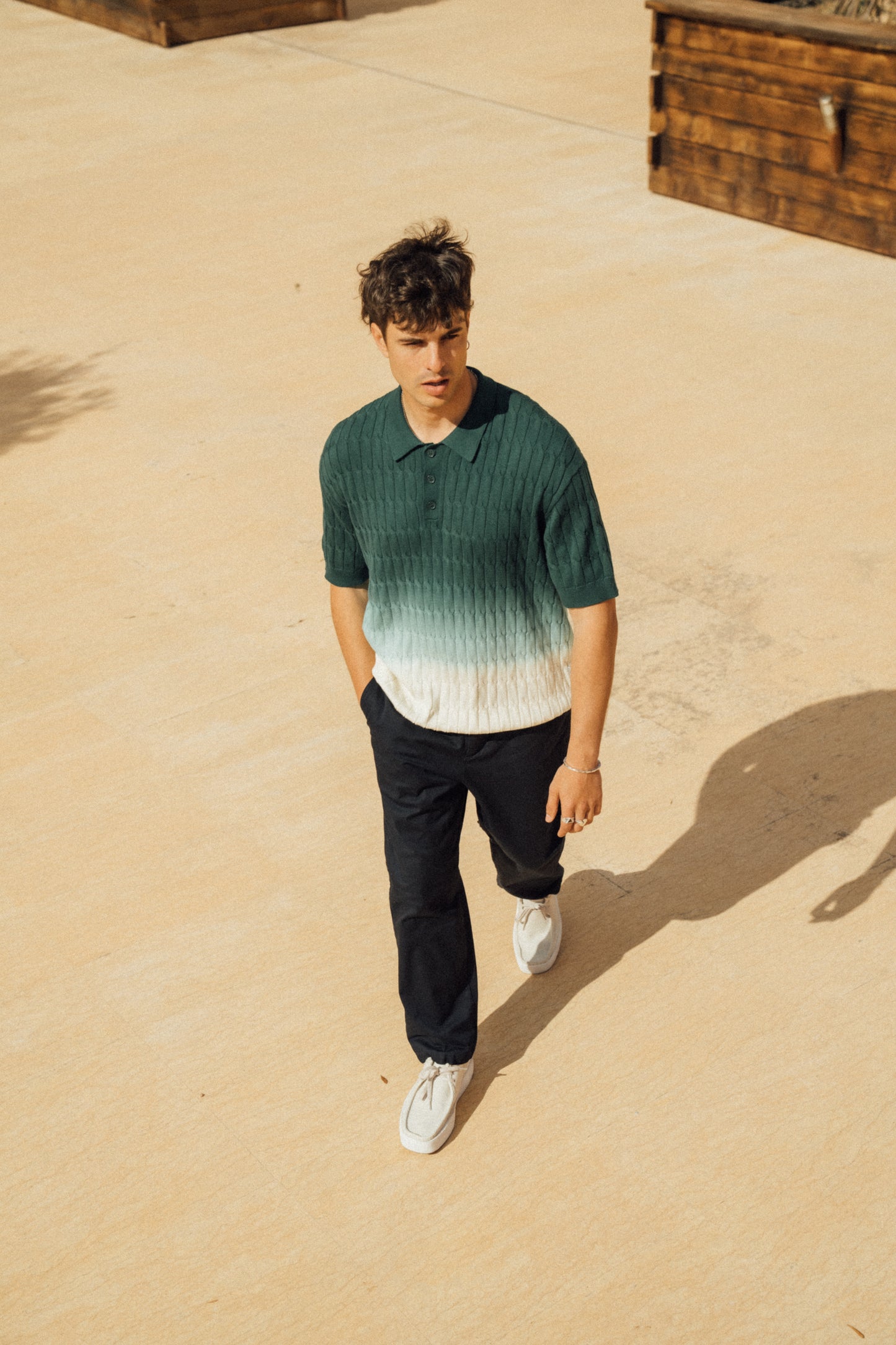 OMBRE CABLE KNIT POLO - FOREST / CREAM