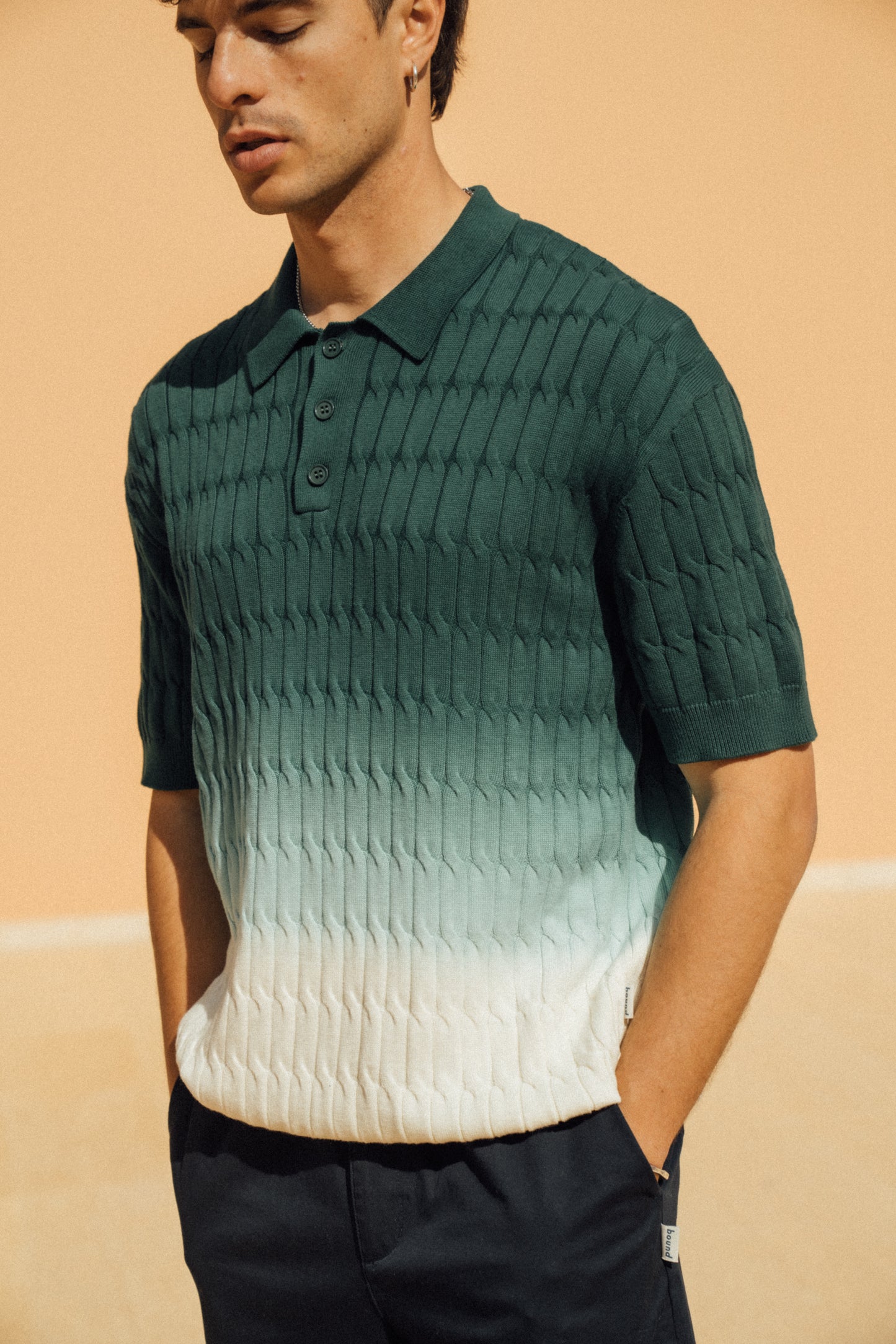 OMBRE CABLE KNIT POLO - FOREST / CREAM