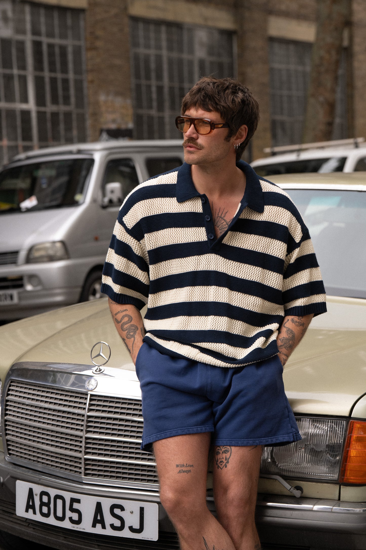 FREDDIE MARINE WAFFLE STRIPE KNIT POLO