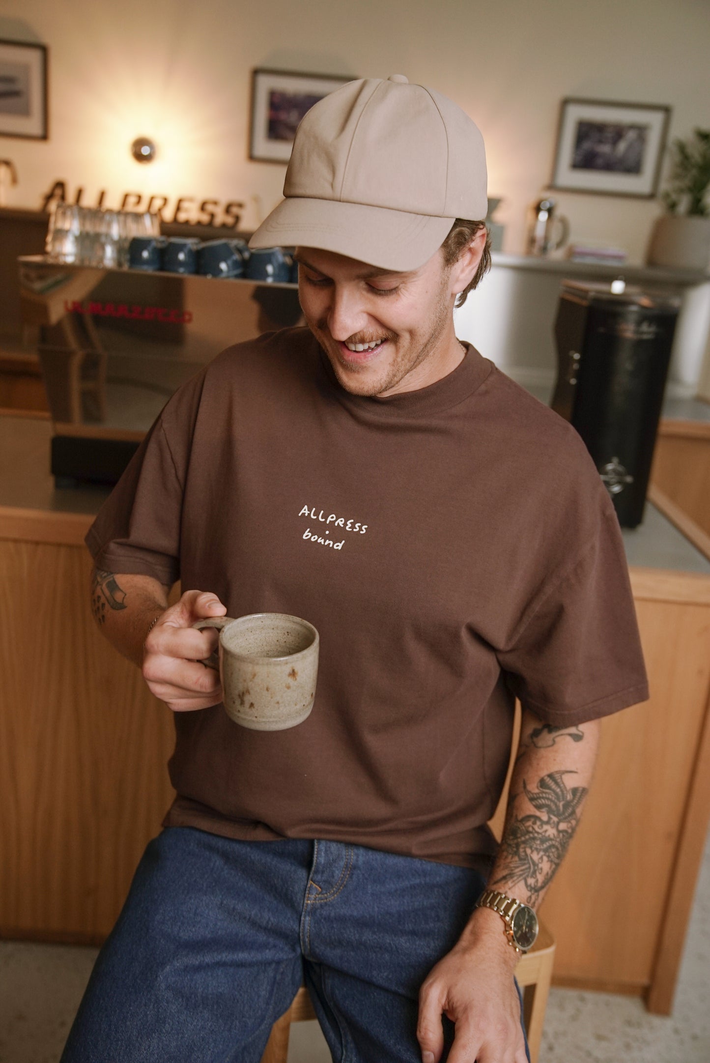 ALLPRESS X BOUND 'CUP OF JOE' TEE - ESPRESSO BROWN