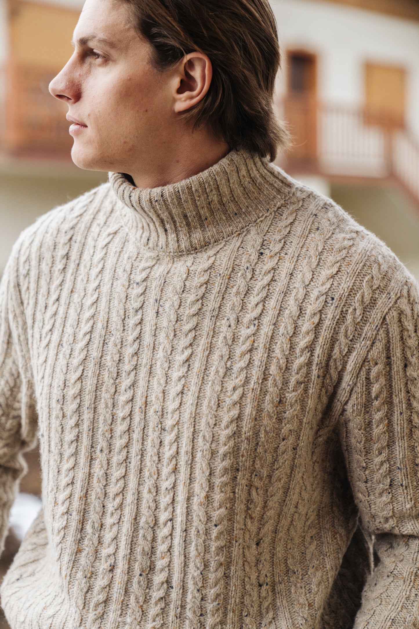 OATMEAL CABLE KNIT ROLL NECK