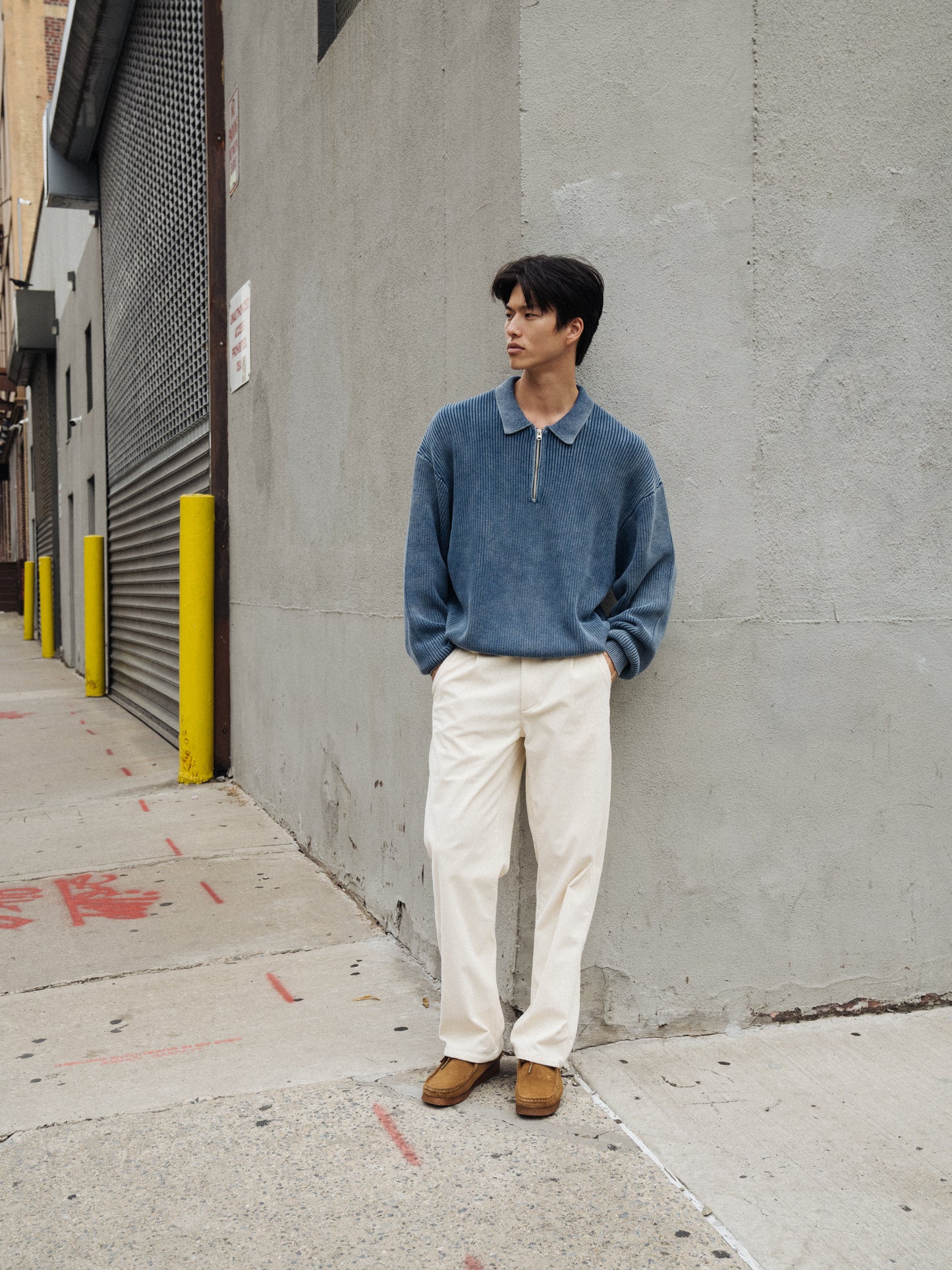 NAVY ACID WASHED HALF ZIP KNIT PULLOVER