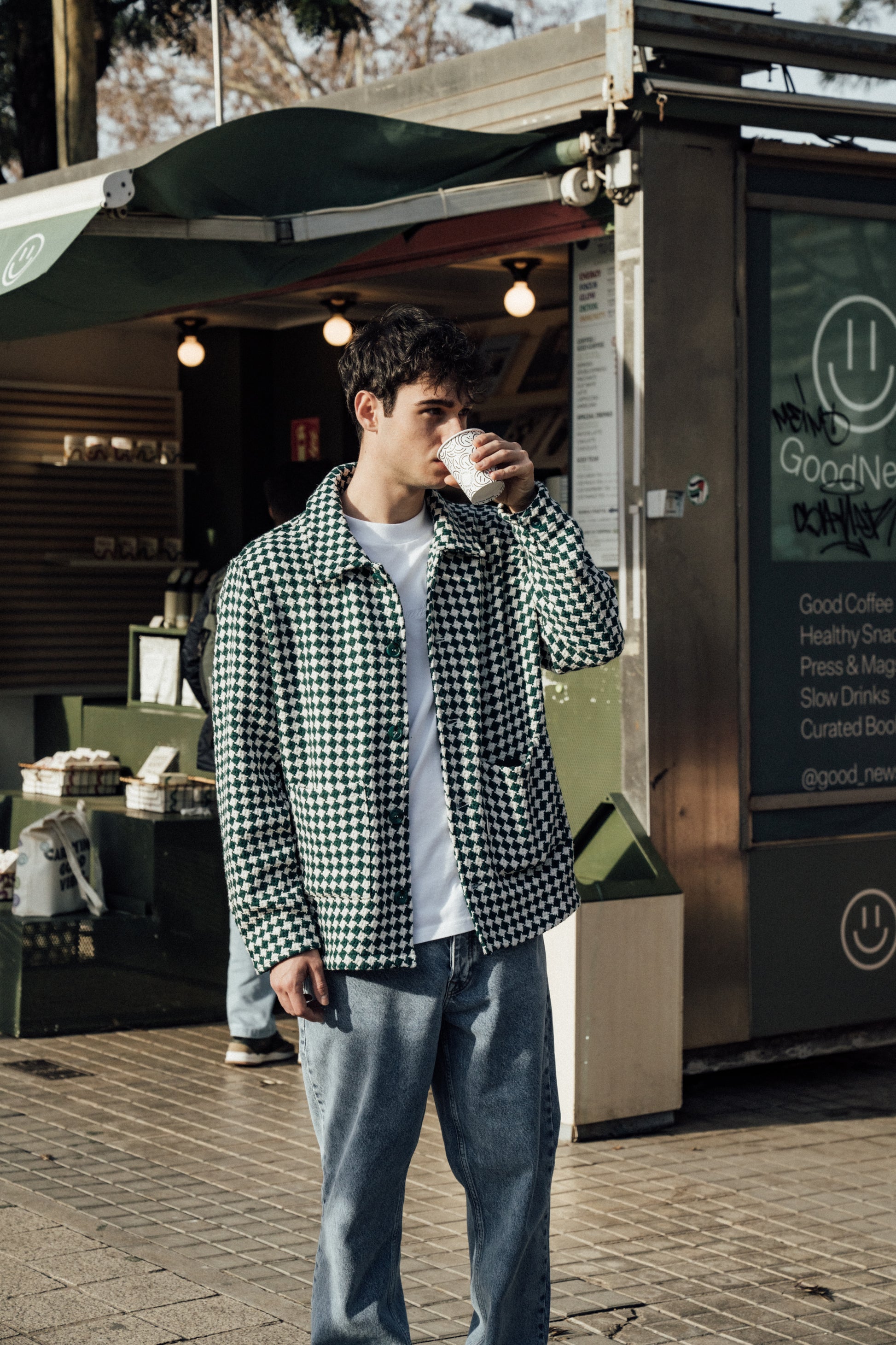 CHECKERED WOVEN OVERSHIRT - BOTTLE GREEN