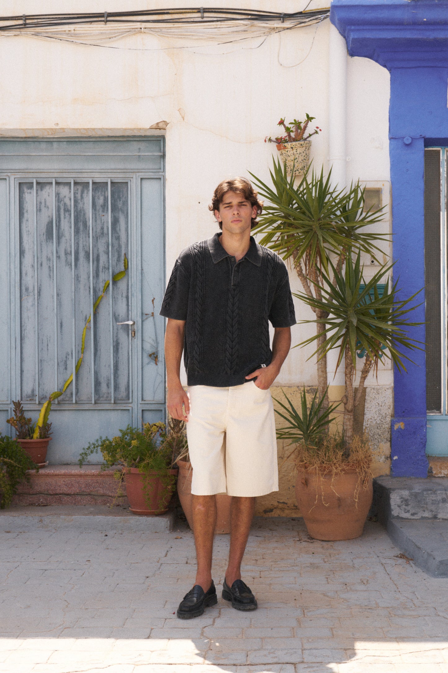 CABLE KNIT VINTAGE KNIT POLO - WASHED BLACK