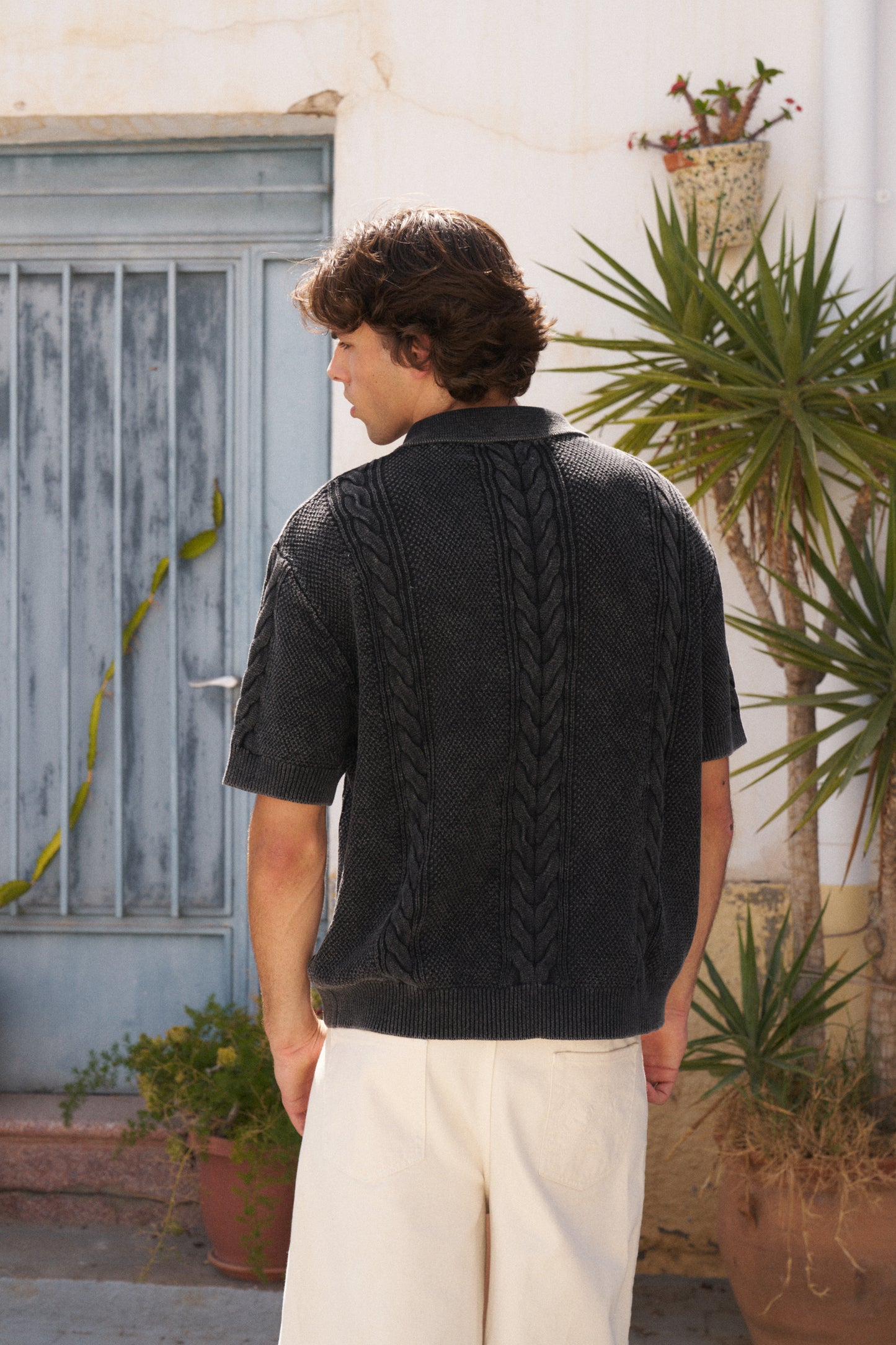 CABLE KNIT VINTAGE KNIT POLO - WASHED BLACK