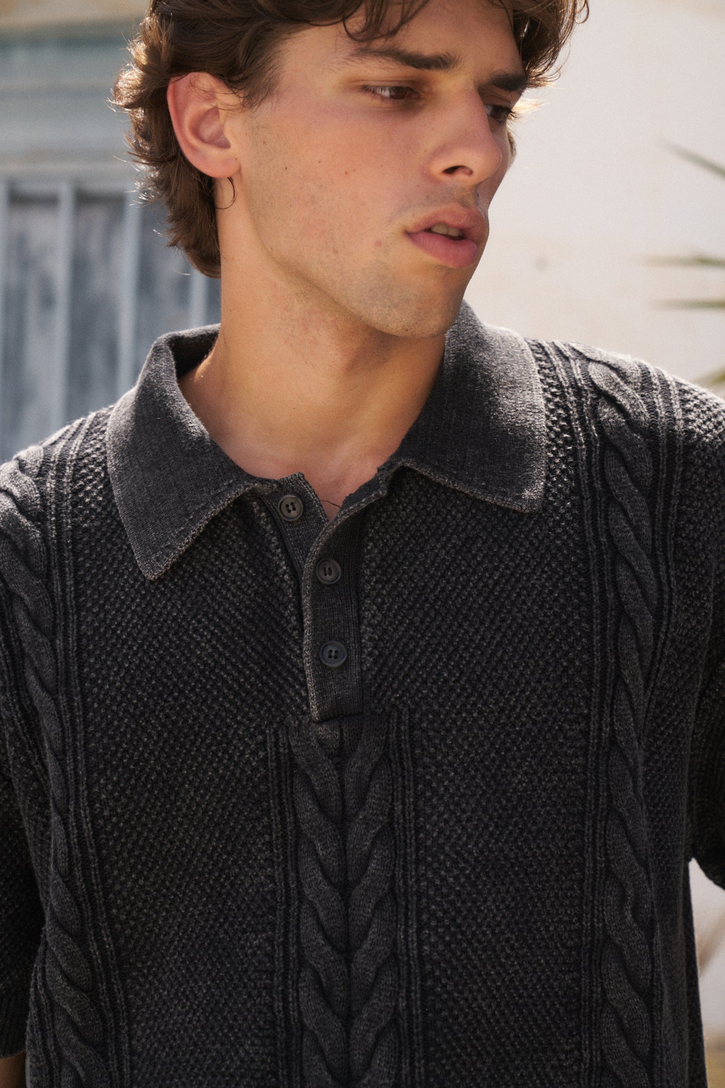 CABLE KNIT VINTAGE KNIT POLO - WASHED BLACK