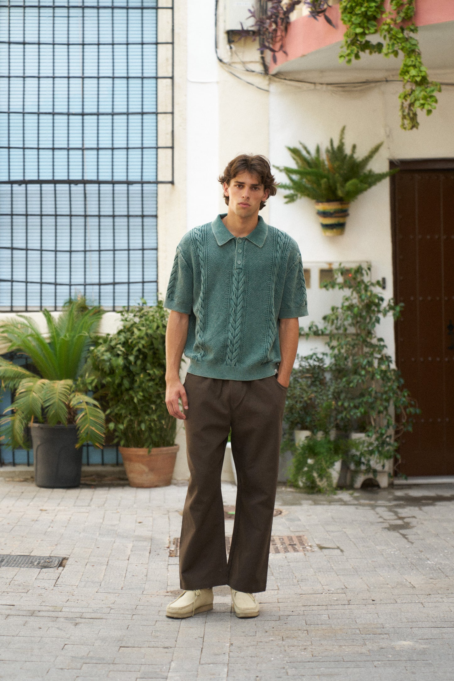 CABLE KNIT VINTAGE KNIT POLO - WASHED GREEN