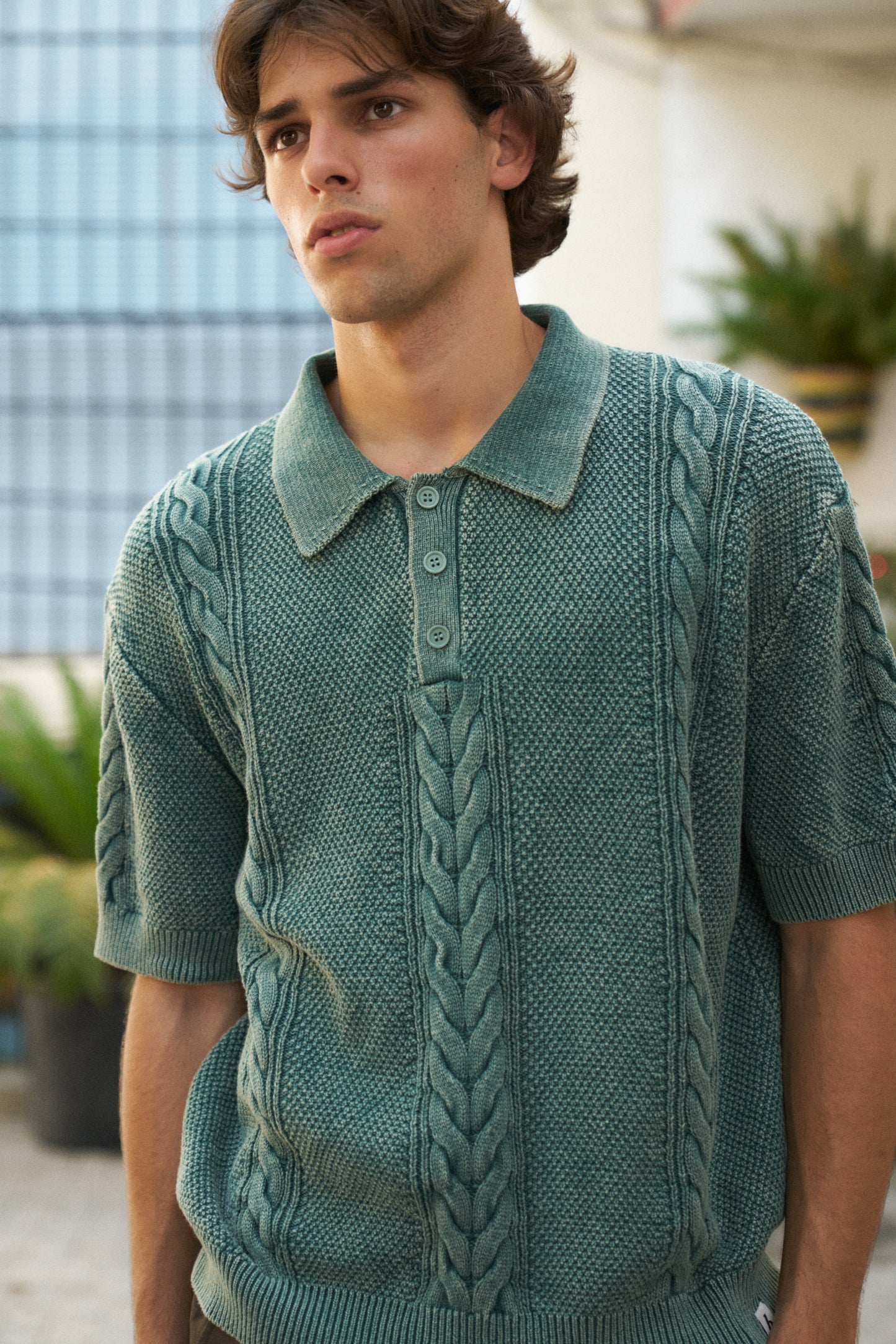 CABLE KNIT VINTAGE KNIT POLO - WASHED GREEN